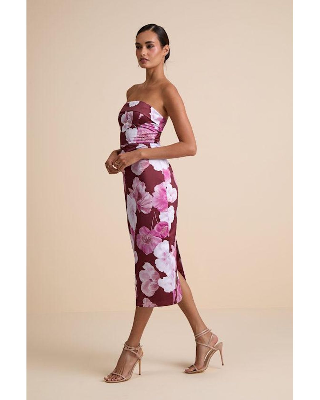 Lulus Natural Oriana Floral Satin Strapless Midi Dress
