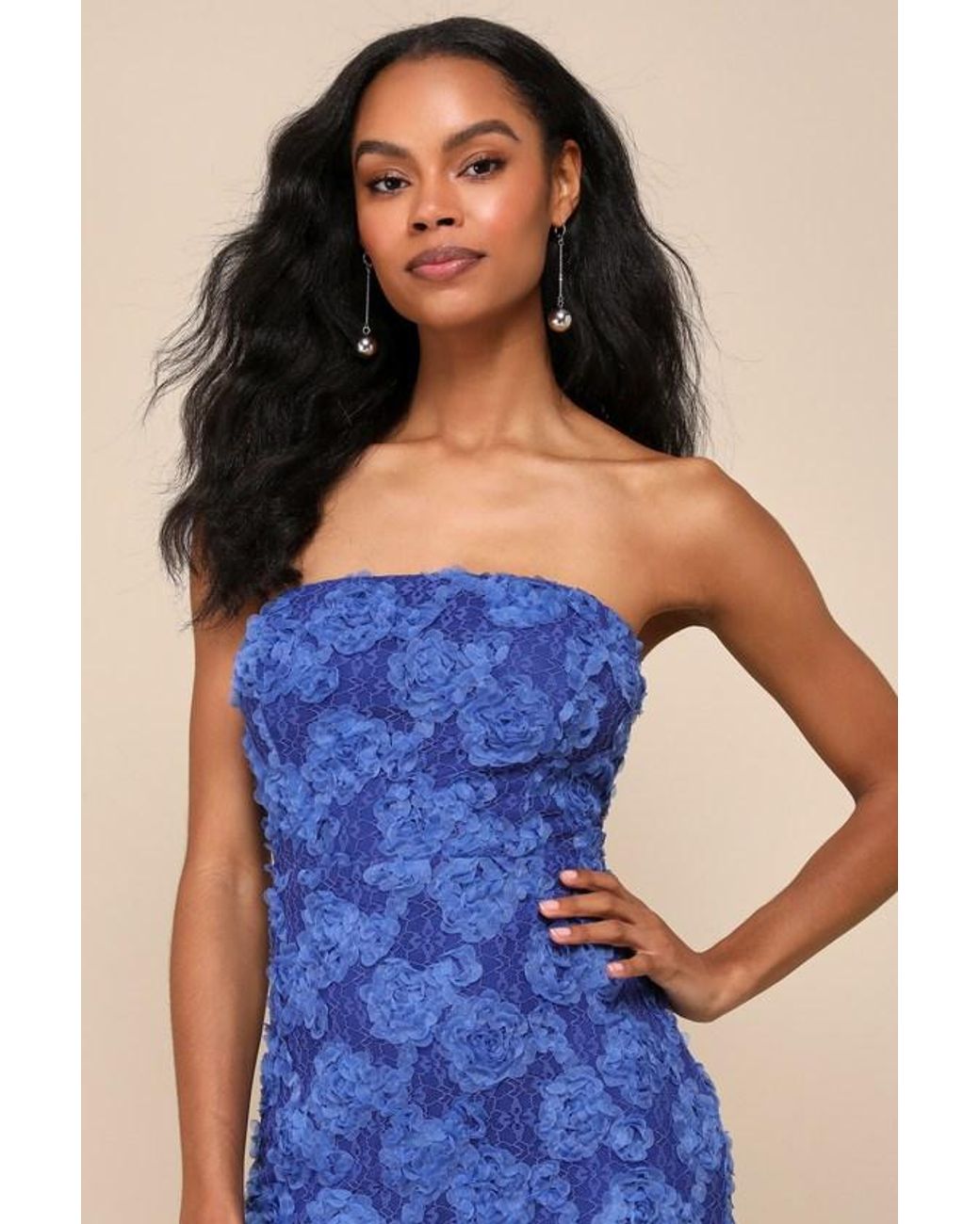 Lulus Blue Flawless Perfection Floral Applique Strapless Midi Dress