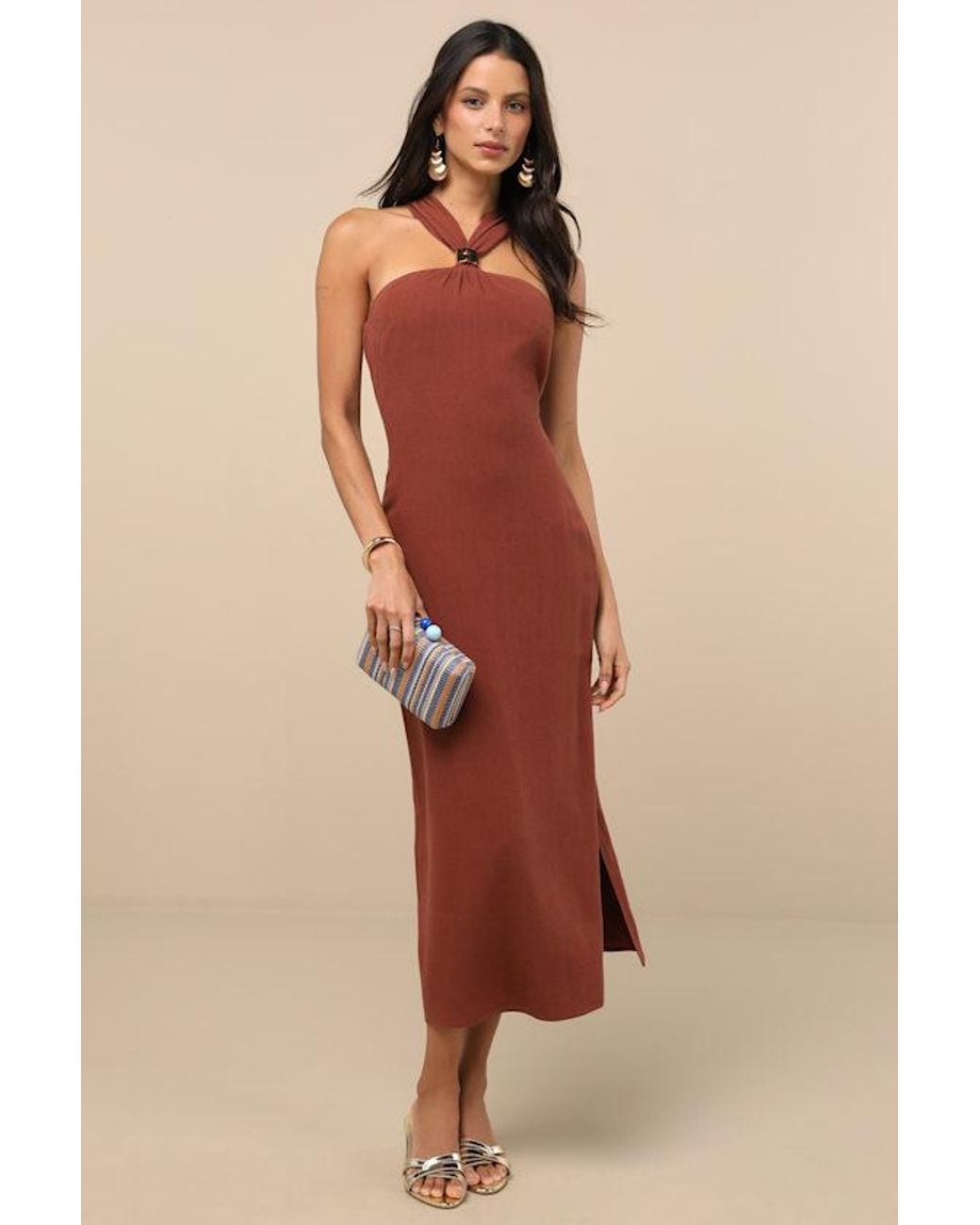 Lulus Natural Calessia Linen Halter Neck Midi Dress