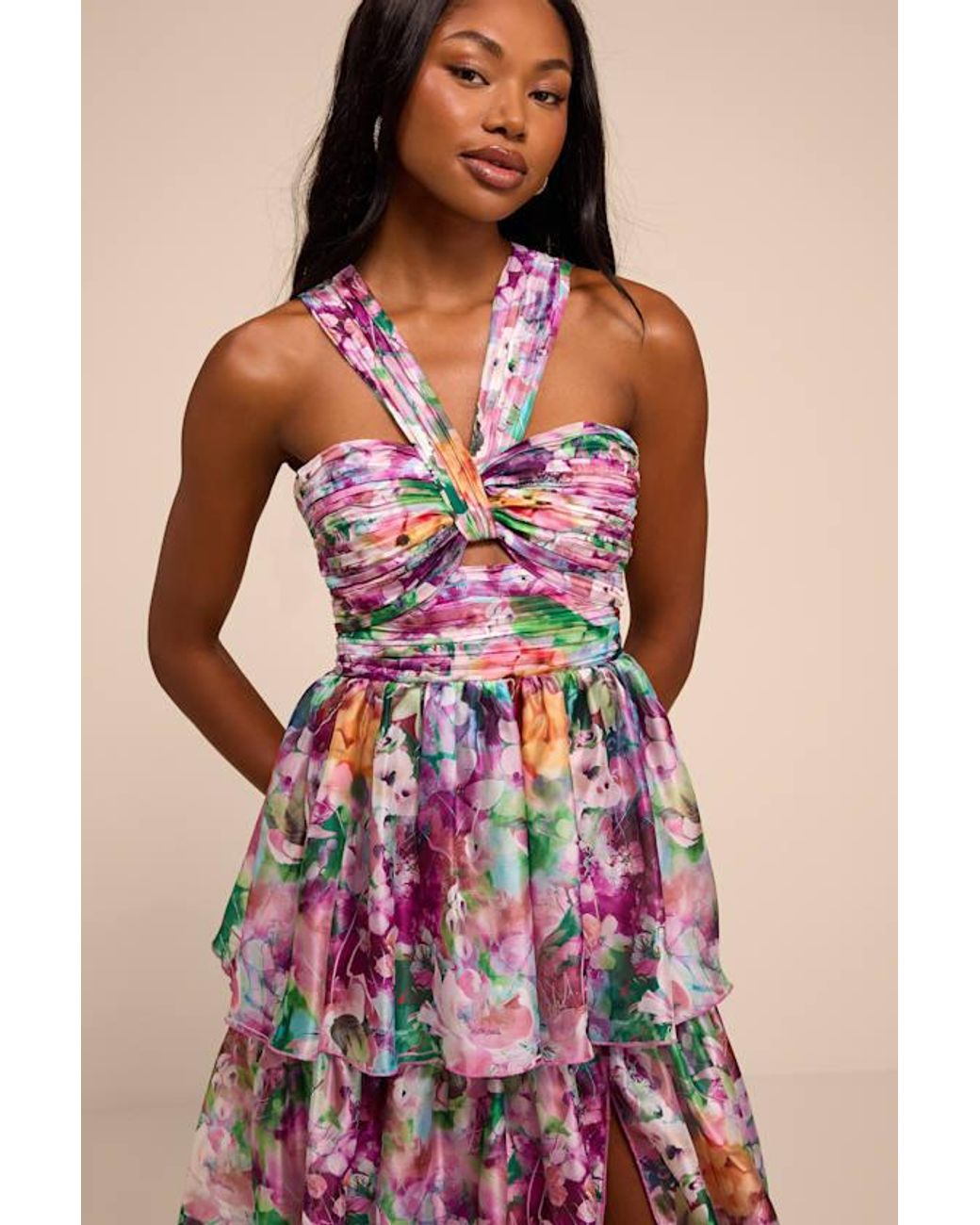 Lulus Pink Dayanara Multi Floral Organza Tiered Midi Dress