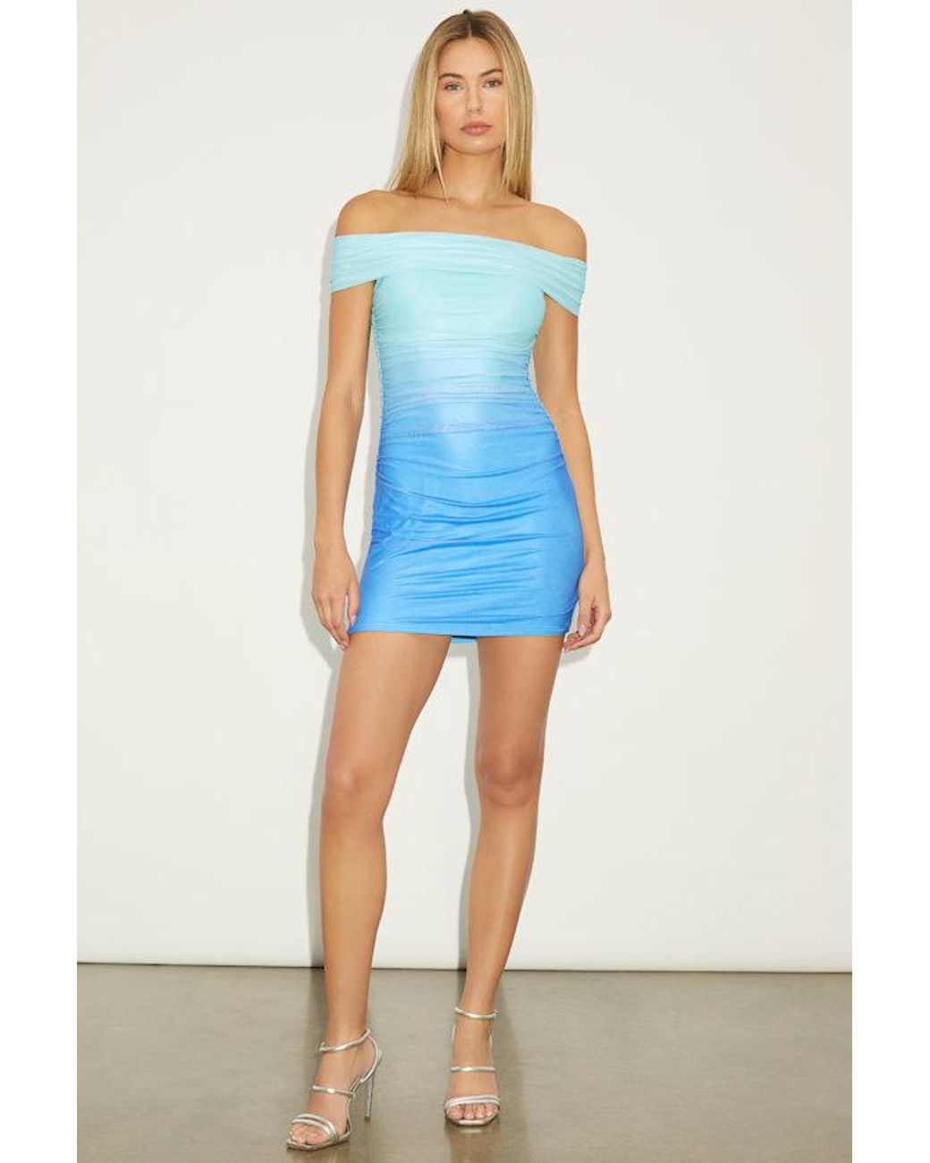 Lulus Aeliana Aqua Ombre Mesh Off-The-Shoulder Ruched Mini Dress in Blue |  Lyst