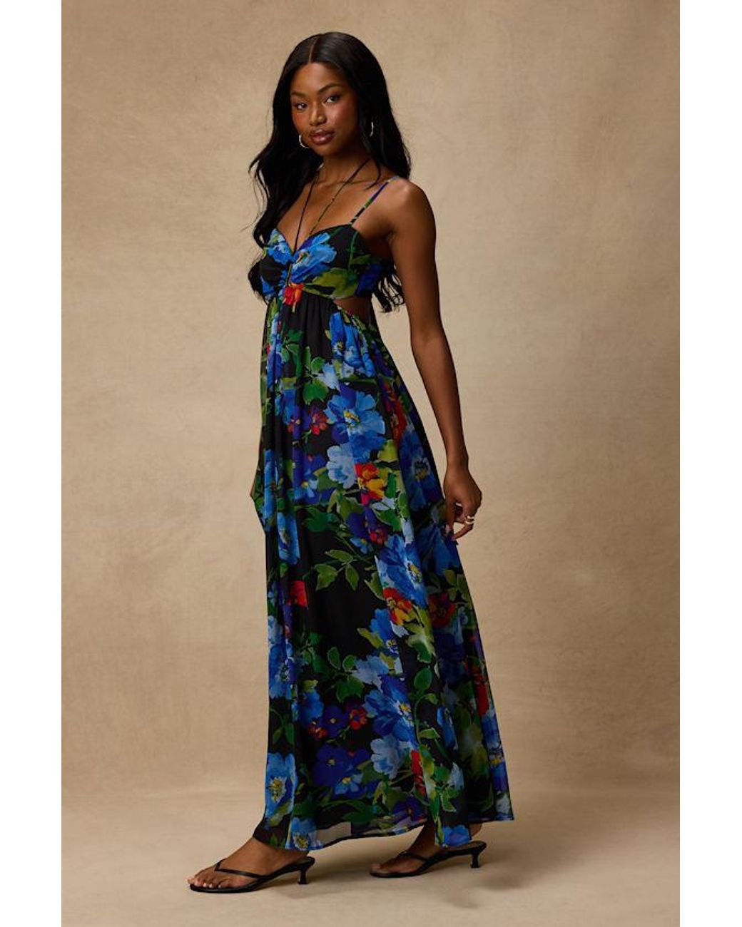 Lulus Blue Jenny Floral Print Strappy Tie-Back Maxi Dress