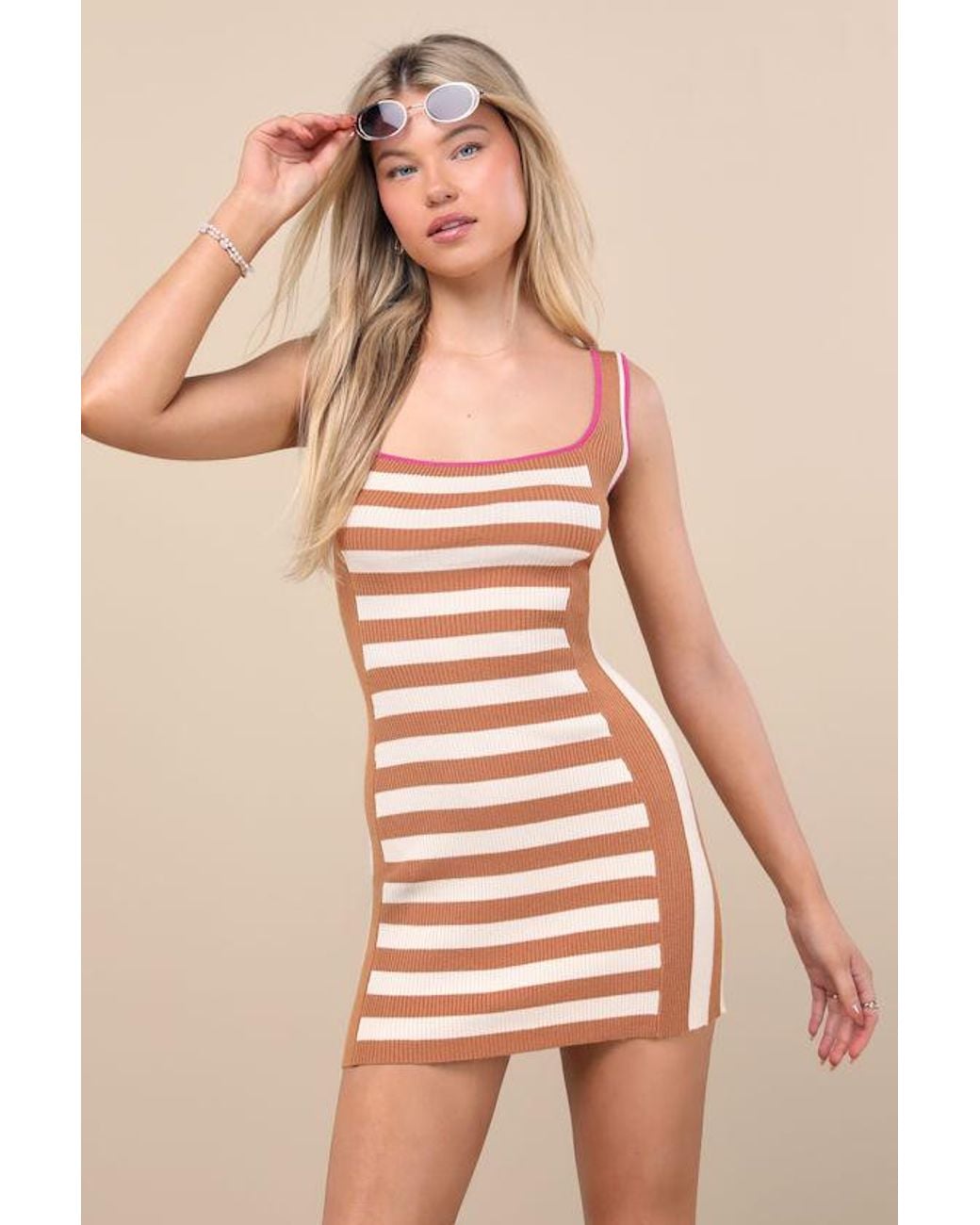 Lulus Natural Moyna Striped Ribbed Mini Sweater Dress
