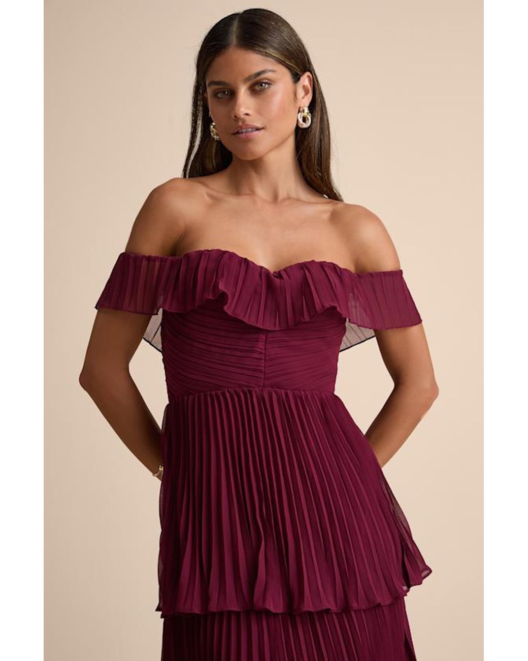 Lulus Red Always Remarkable Pleated Off-The-Shoulder Maxi Dress