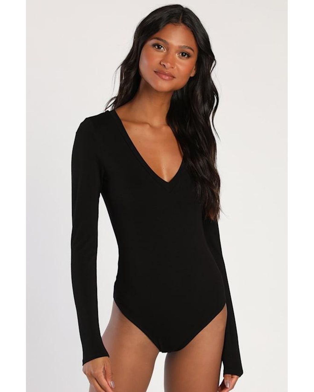 Lulus Black Clean Look V-Neck Long Sleeve Bodysuit