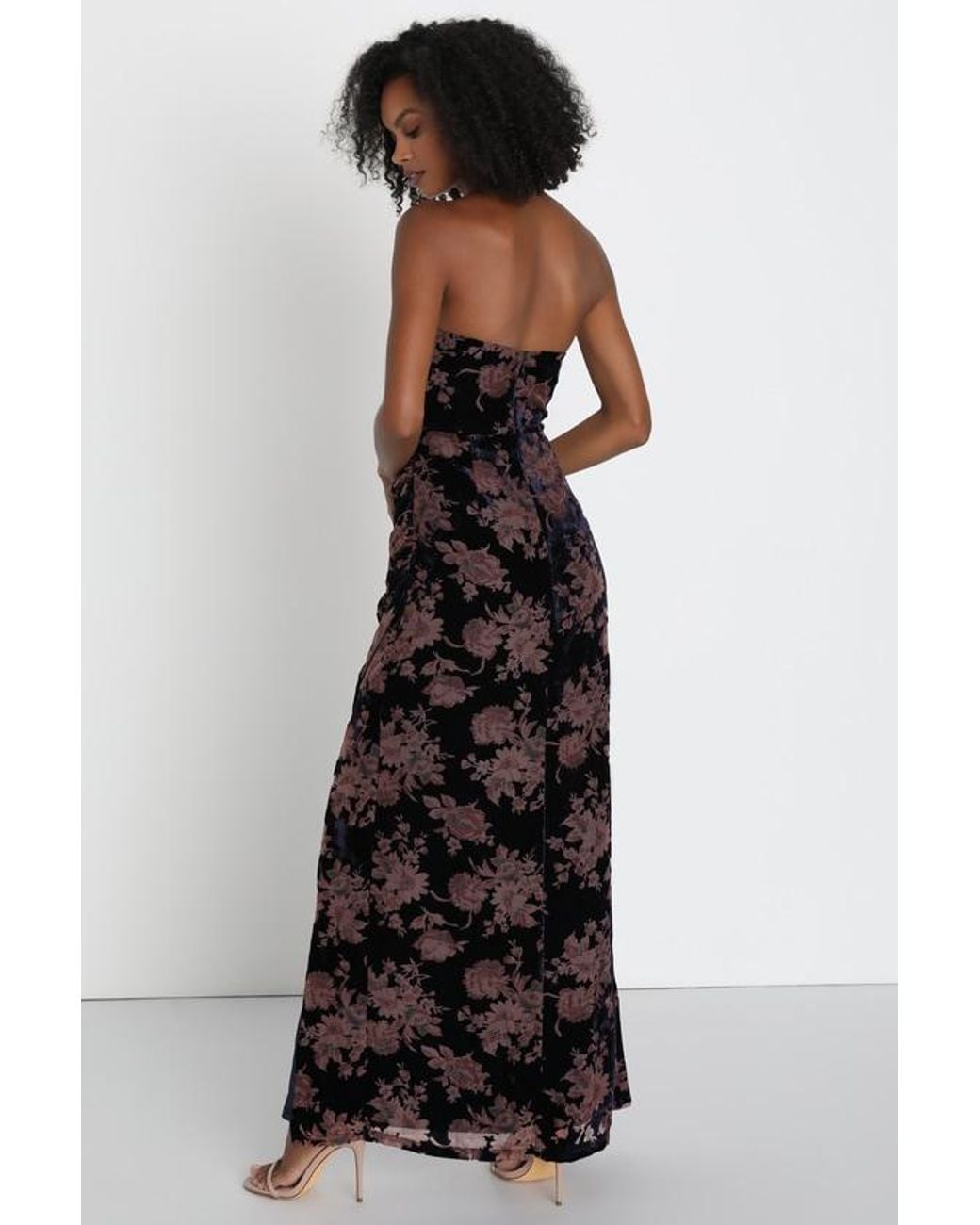 Lulus Black Exquisite Floral Burnout Velvet Strapless Maxi Dress