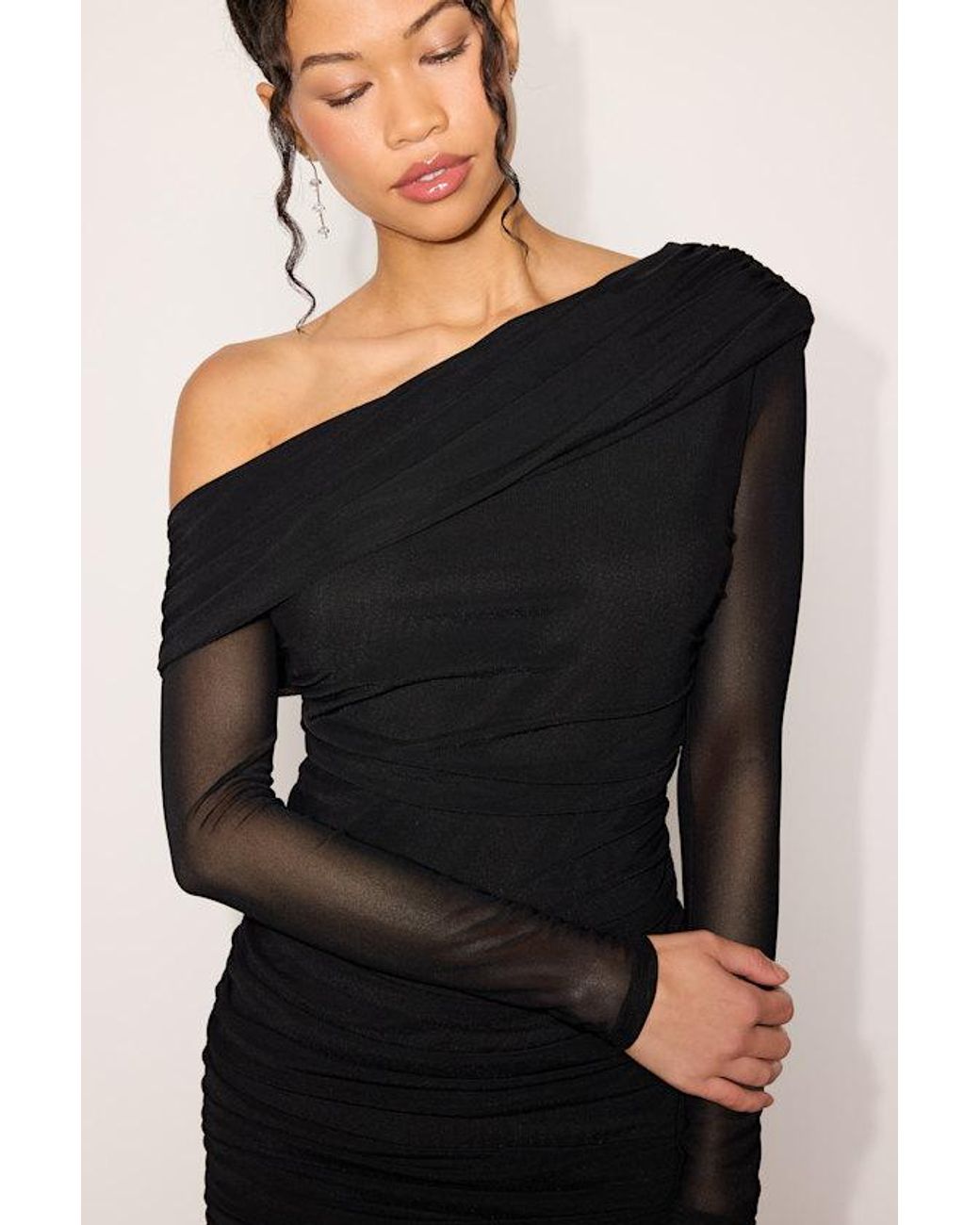Lulus Black Darla Mesh One-Shoulder Long Sleeve Mini Dress