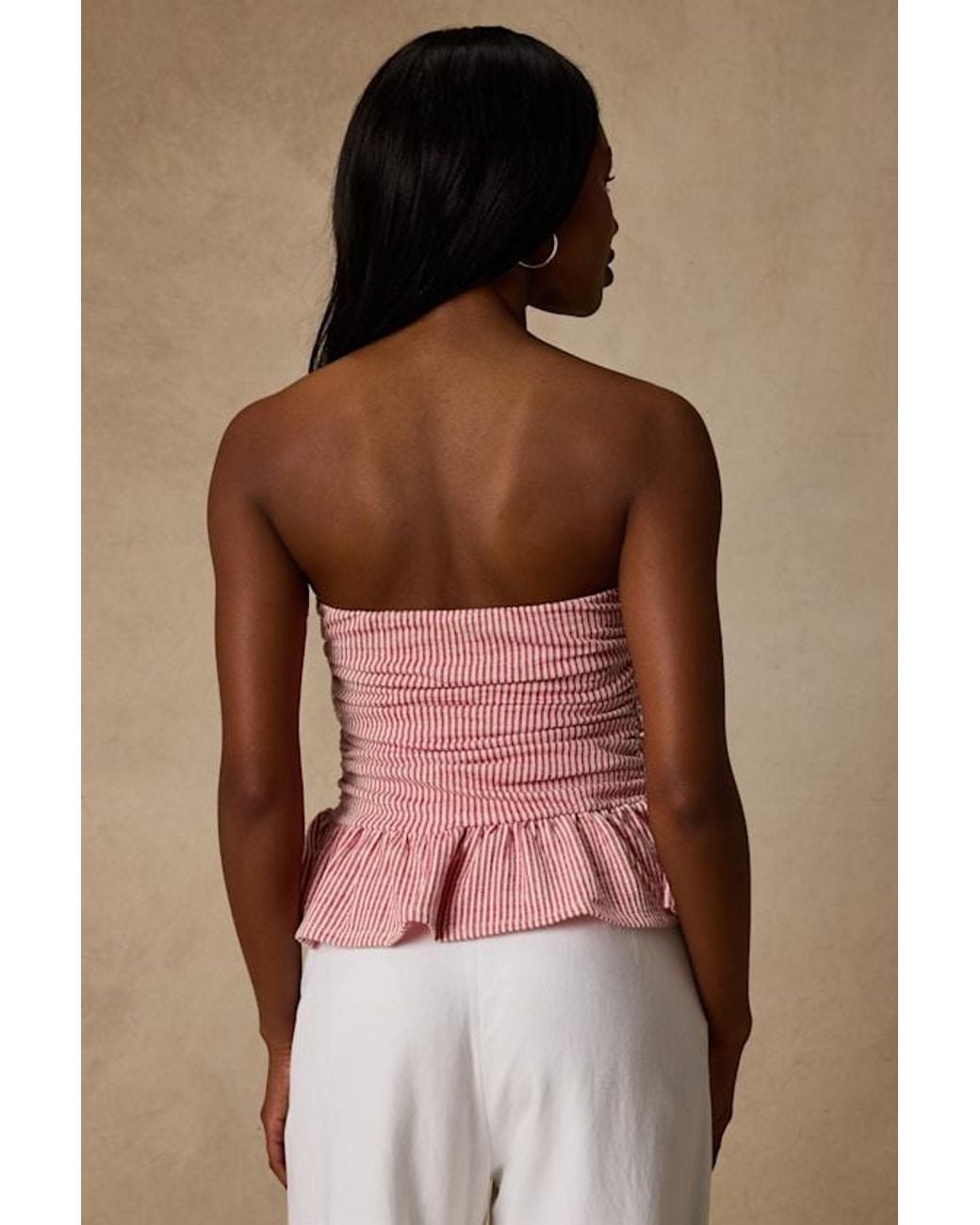 Lulus Brown Philomena Striped Strapless Peplum Top