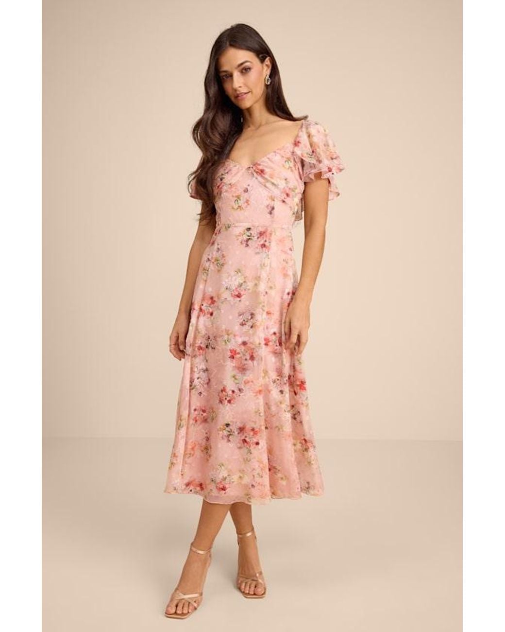 Lulus Pink Camillo Blush Floral Jacquard Flutter Sleeve Midi Dress