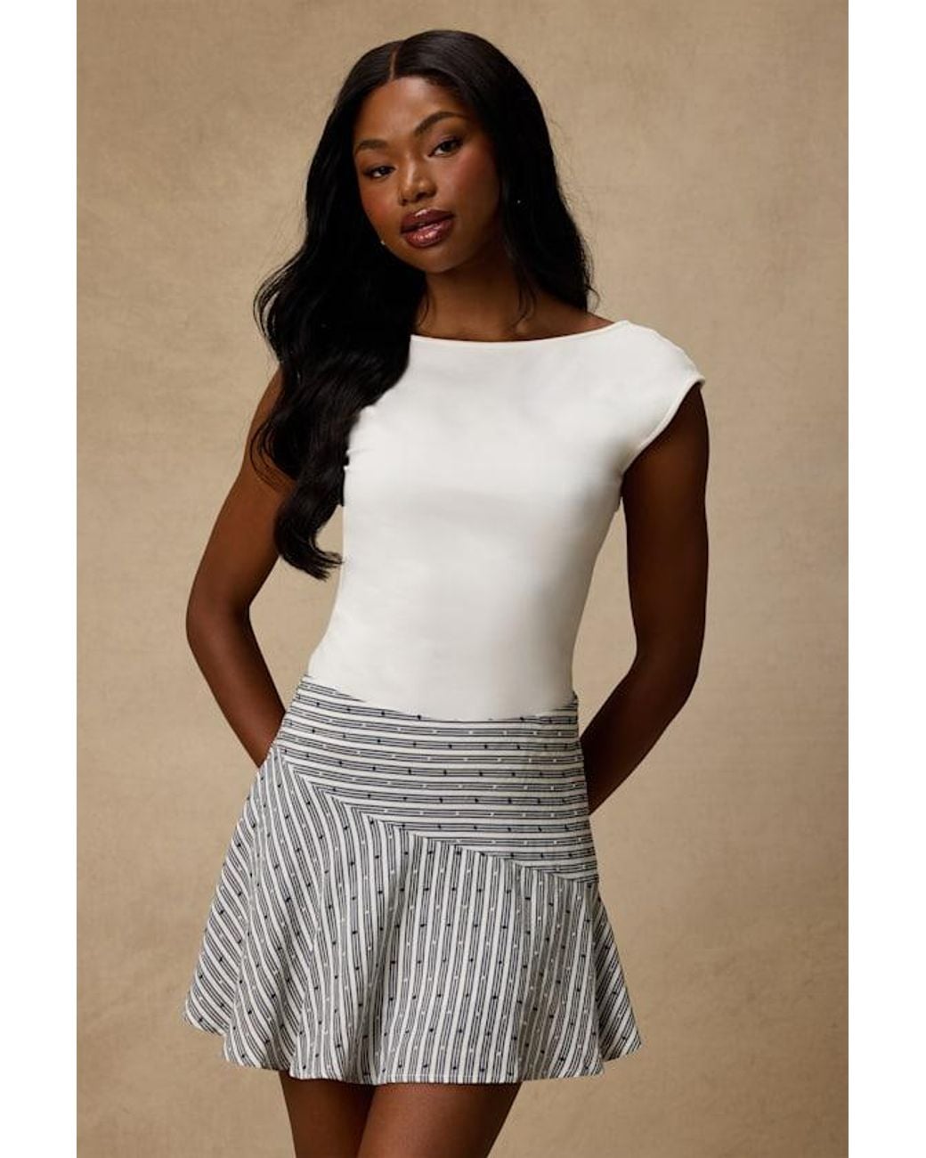 Lulus White Paulette Ivory And Striped Skater Mini Skirt