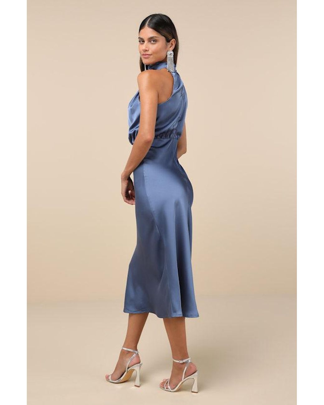 Lulus Blue Distinctive Charm Satin Asymmetrical Midi Dress
