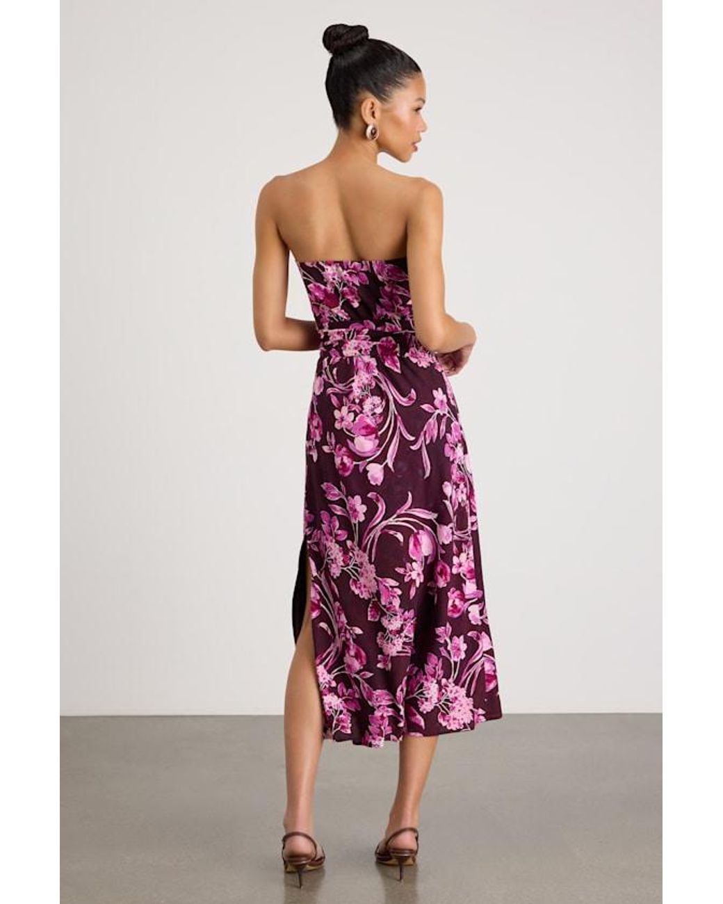 Lulus Purple Fanna Dark Plum Floral Strapless Midi Dress
