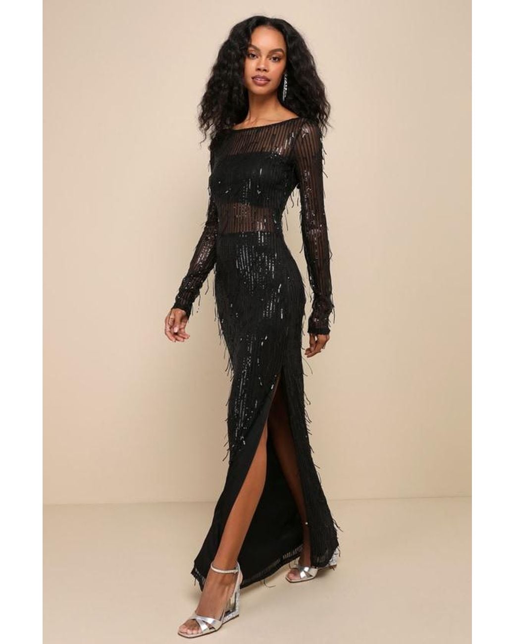 Lulus Sheer Fascination Sheer Mesh Sequin Fringe Maxi Dress in Black | Lyst  UK
