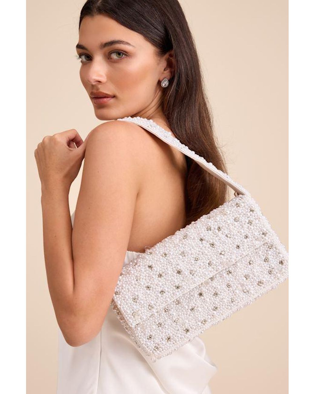 Lulus Natural Vivi Pearl Rhinestone Shoulder Bag