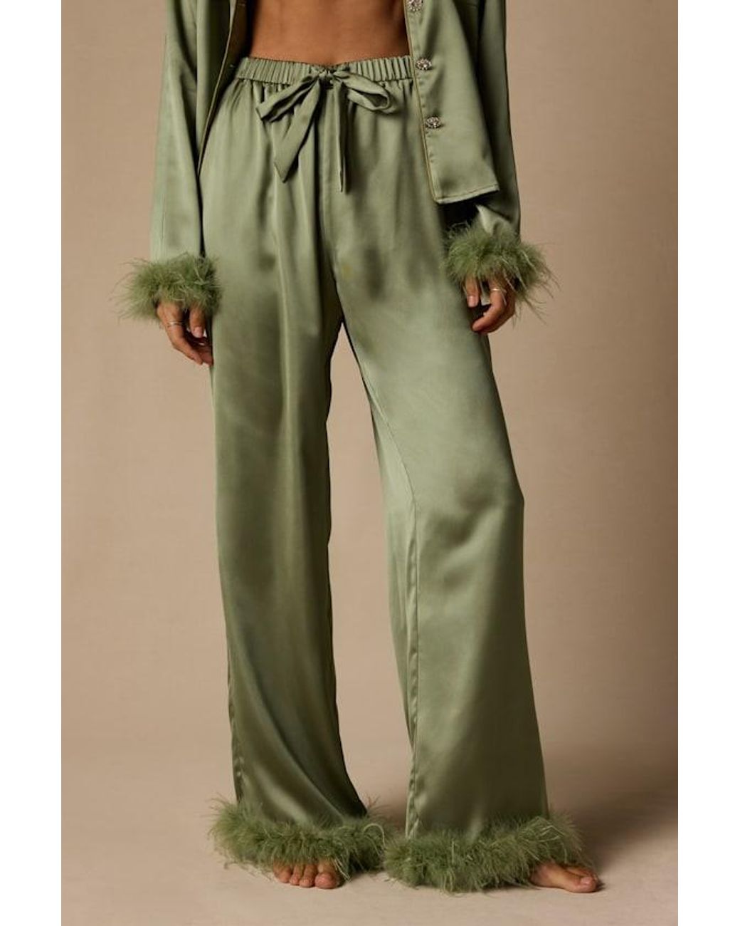Lulus Green Dreamiest Delight Sage Satin Feather Two-Piece Pajama Set