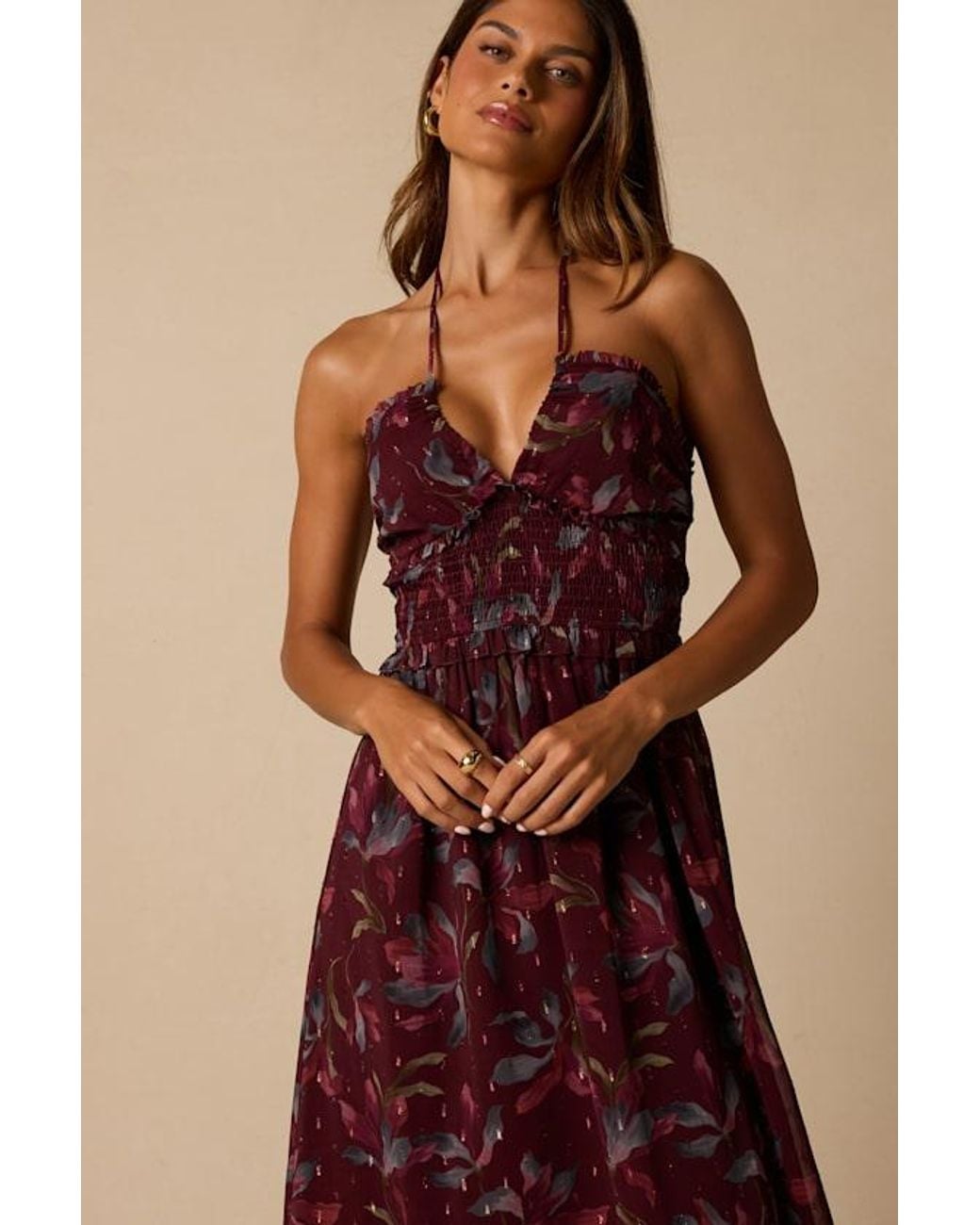 Lulus Red Helene Floral Print Midi Dress