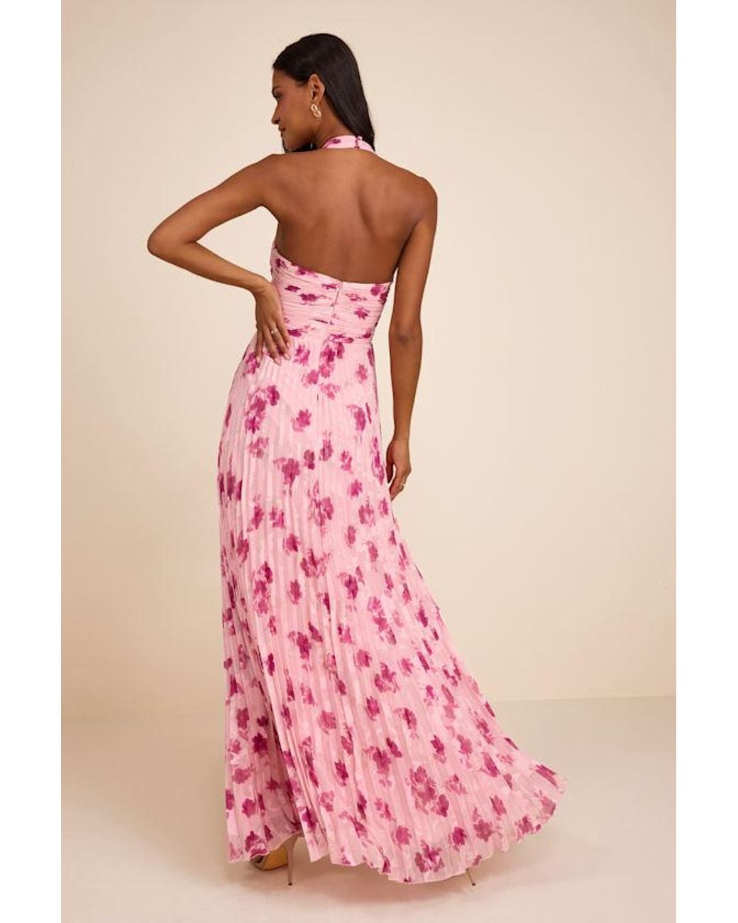 Lulus Pink Krystal Floral Pleated Halter Maxi Dress