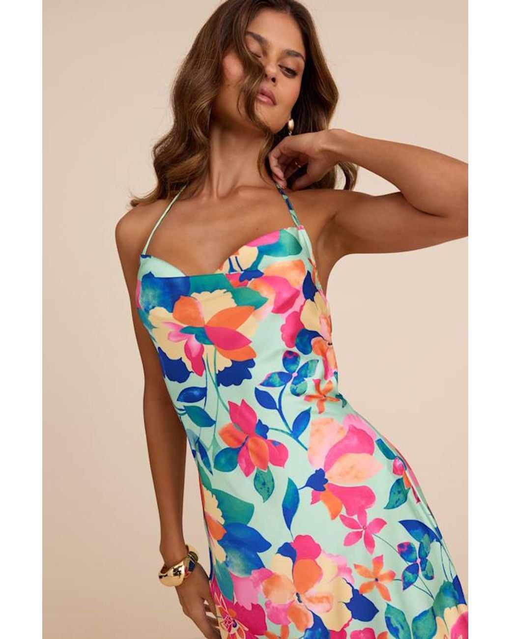 Lulus Blue Elevated Effect Mint Multi Floral Satin Halter Slip Mini Dress