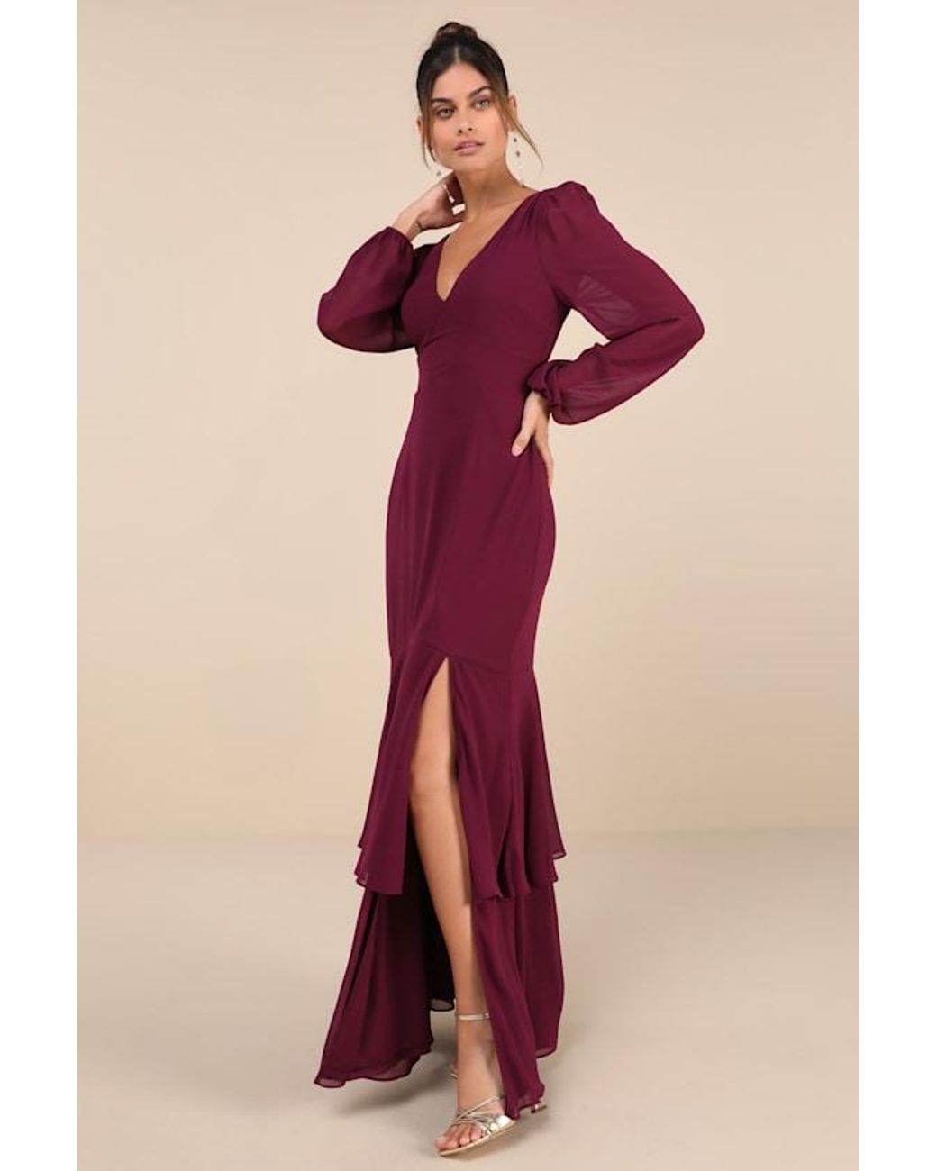 Lulus Tier Elegance Long Sleeve Tiered Maxi Dress