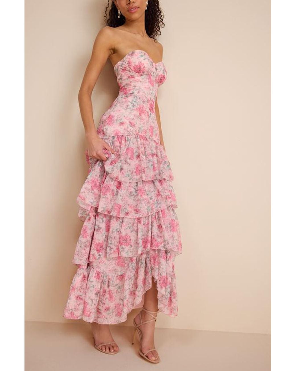 Lulus Pink Dessie Floral Tiered Maxi Dress
