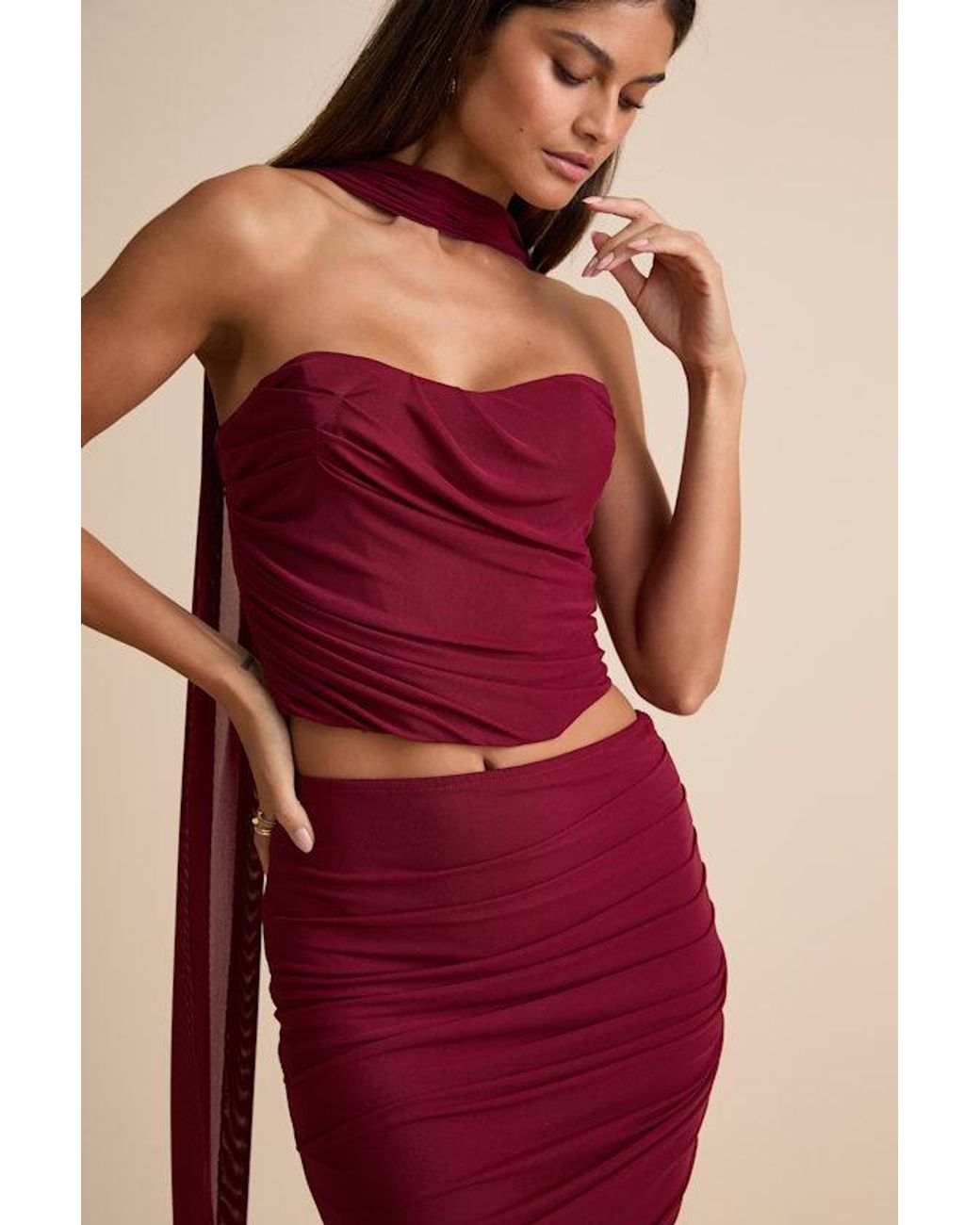 Lulus Red Elvena Mesh Ruched Strapless Two-Piece Maxi Dress