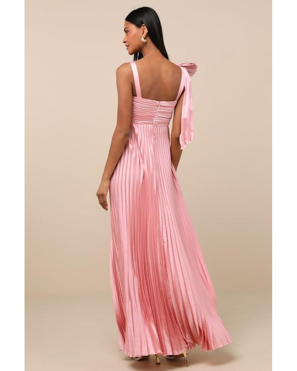 Lulus Pink Gorgeous Purpose Satin Pleated Sleeveless Bow Maxi Dress