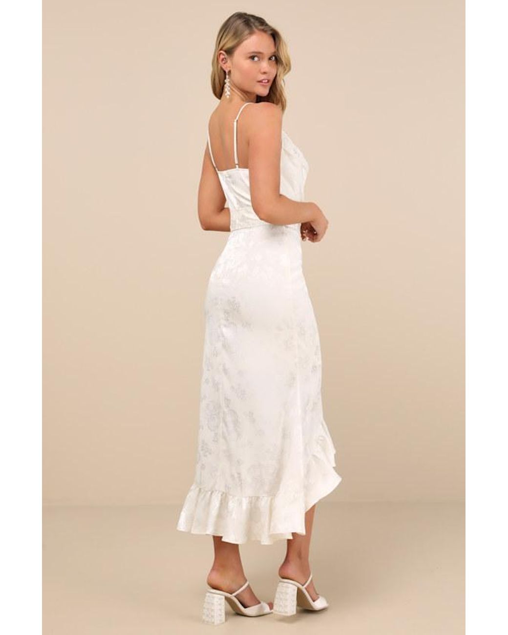 Lulus Natural Modern Passion Floral Satin Jacquard Ruffled Midi Dress