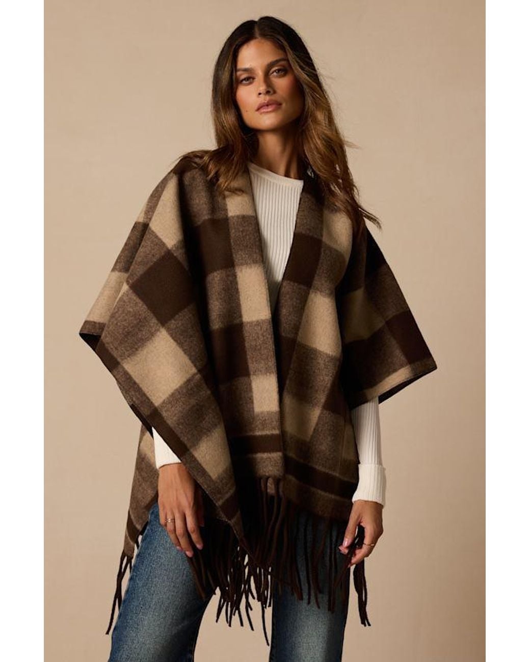 Lulus Natural Dan Plaid Poncho