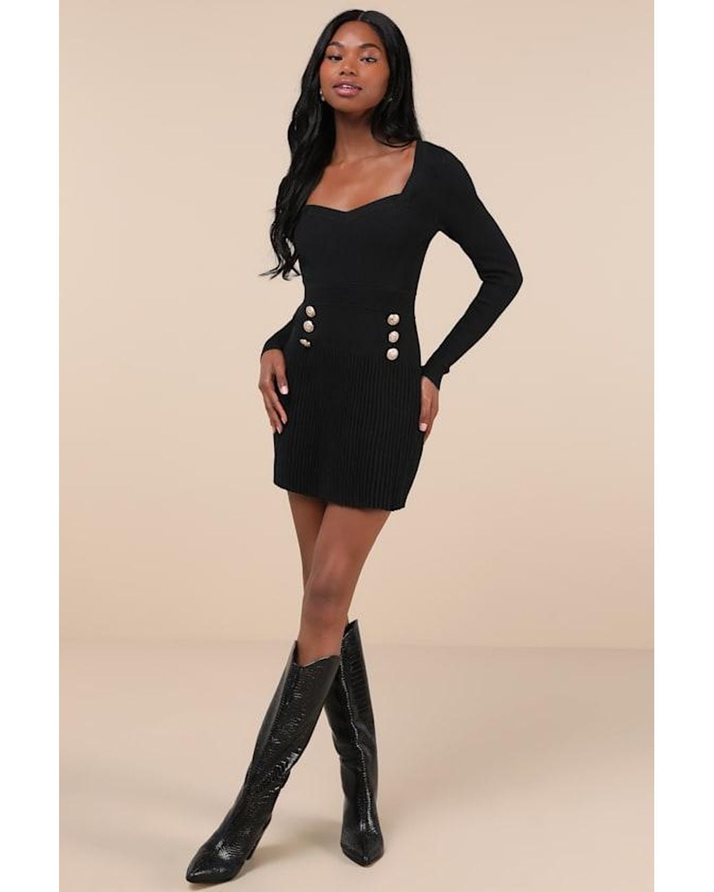 Lulus Chicest Crush Ribbed Long Sleeve Mini Sweater Dress in Black | Lyst