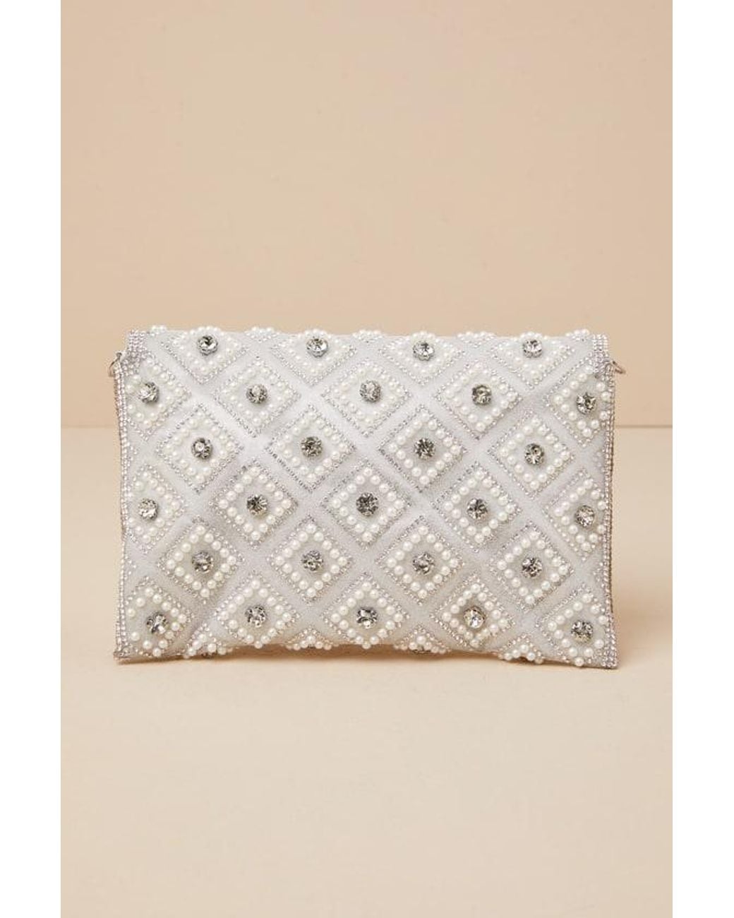 Lulus Natural Sparkly Passion Rhinestone Pearl Clutch