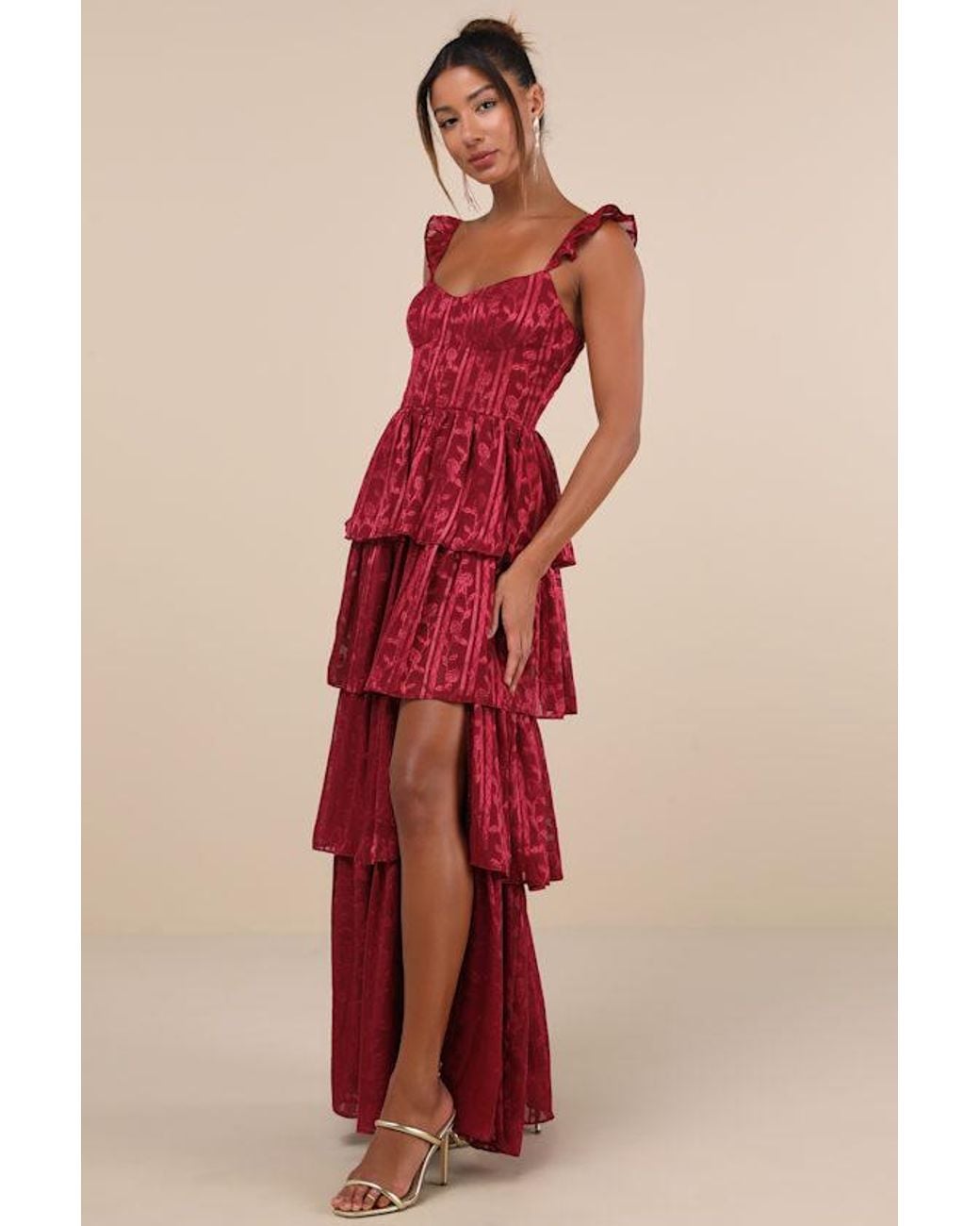 Lulus Stunning Glory Floral Jacquard Tiered Maxi Dress