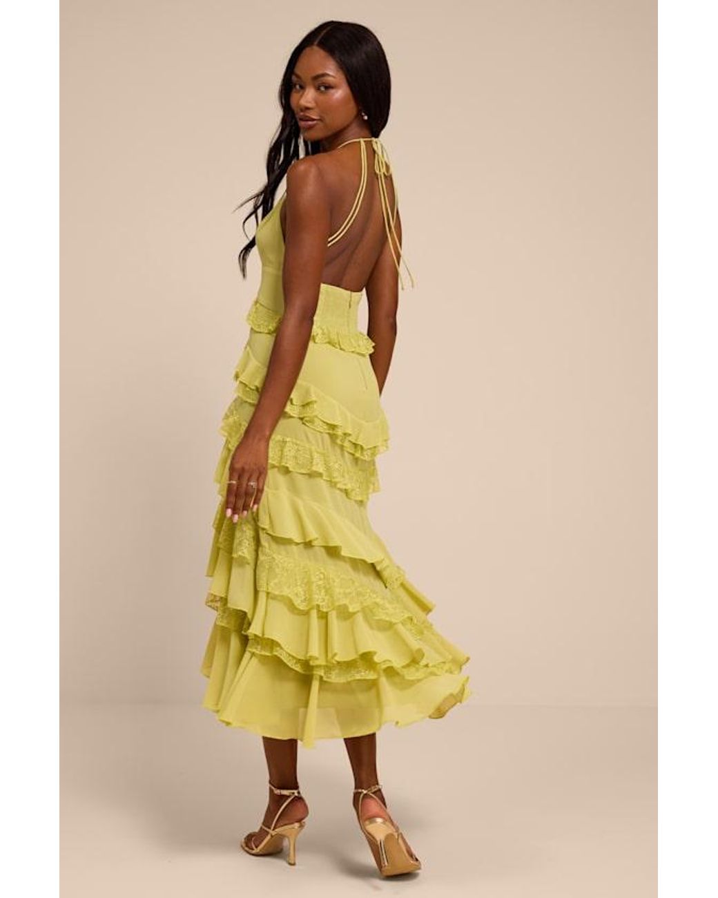 Lulus Yellow Melena Chartreuse Ruffled Lace Midi Dress