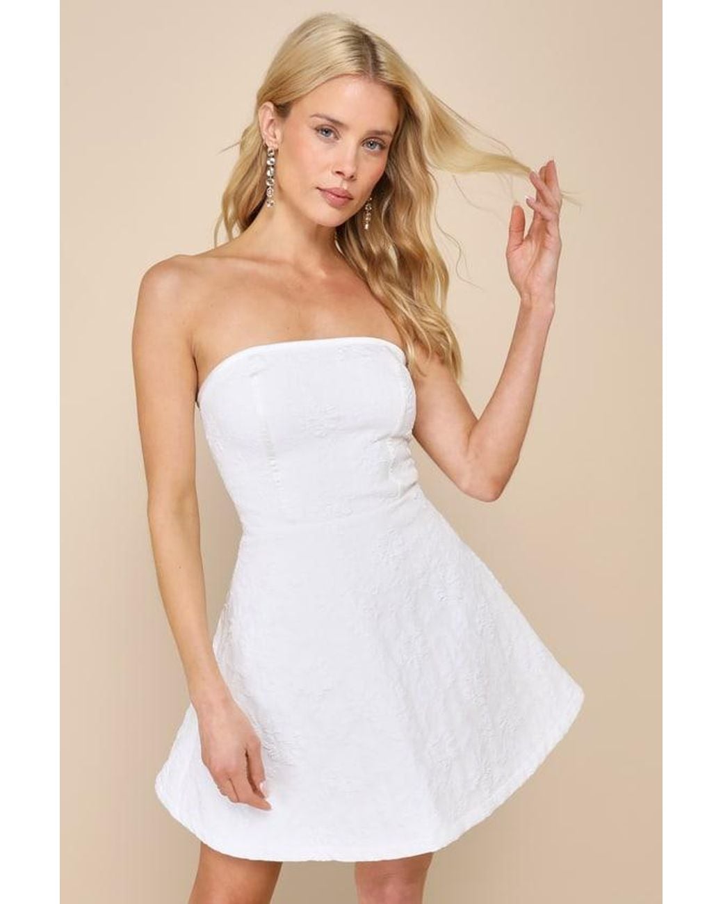 Lulus Most Adorable Floral Jacquard Strapless Lace-Up Mini Dress in White |  Lyst