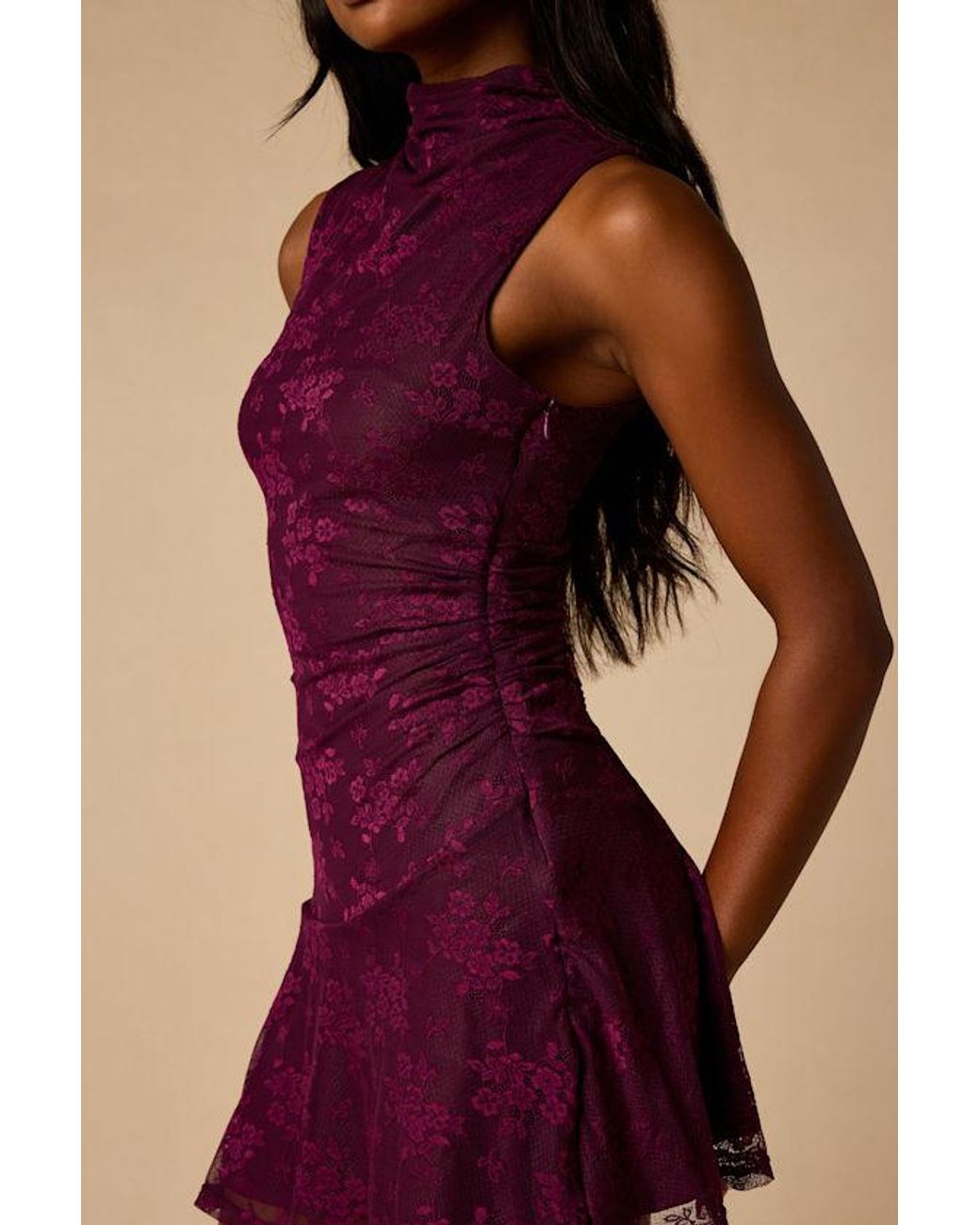 Lulus Red Drina Plum Lace Mock Neck Ruched Mini Dress
