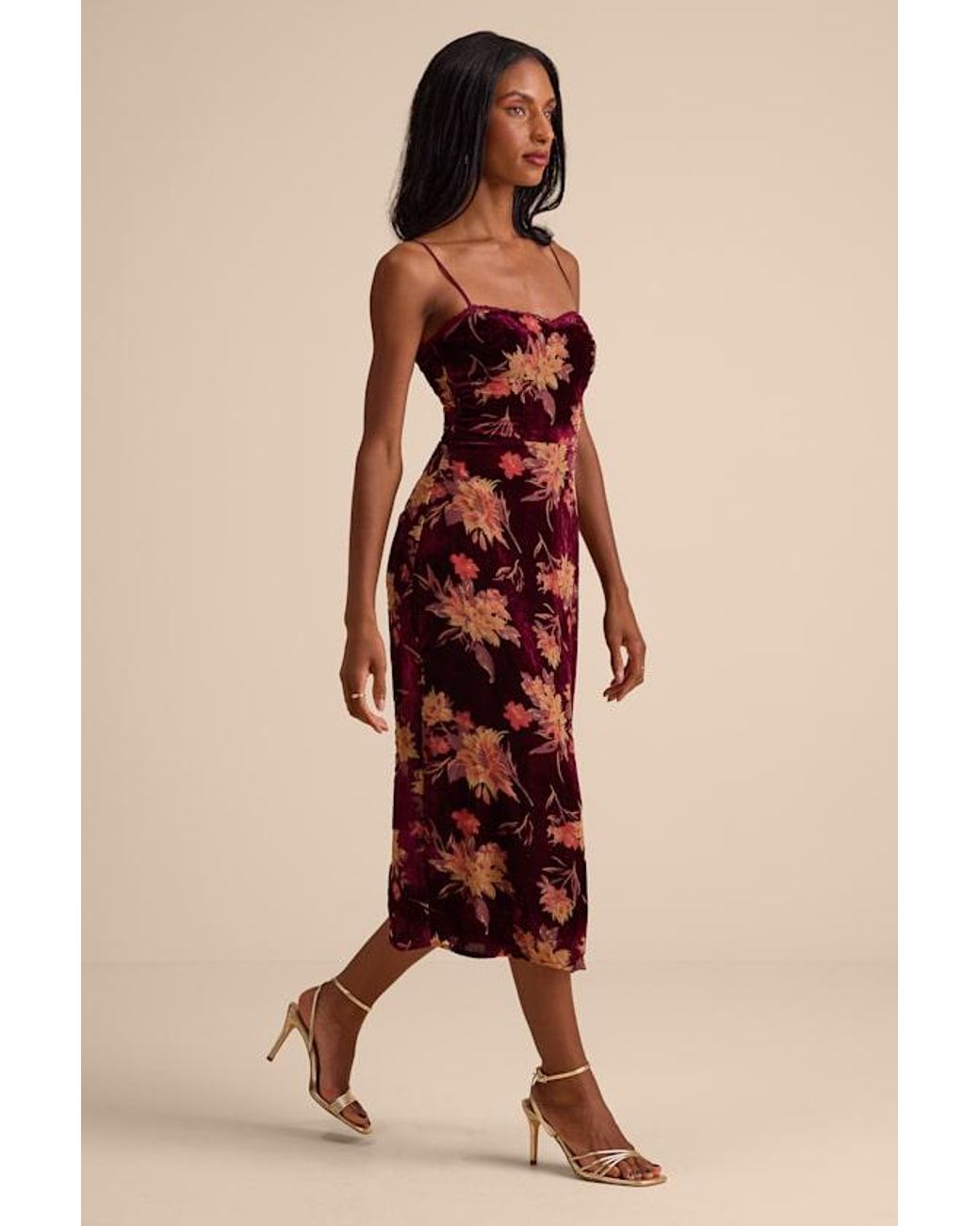 Lulus Natural Erisa Velvet Floral Burnout Midi Dress