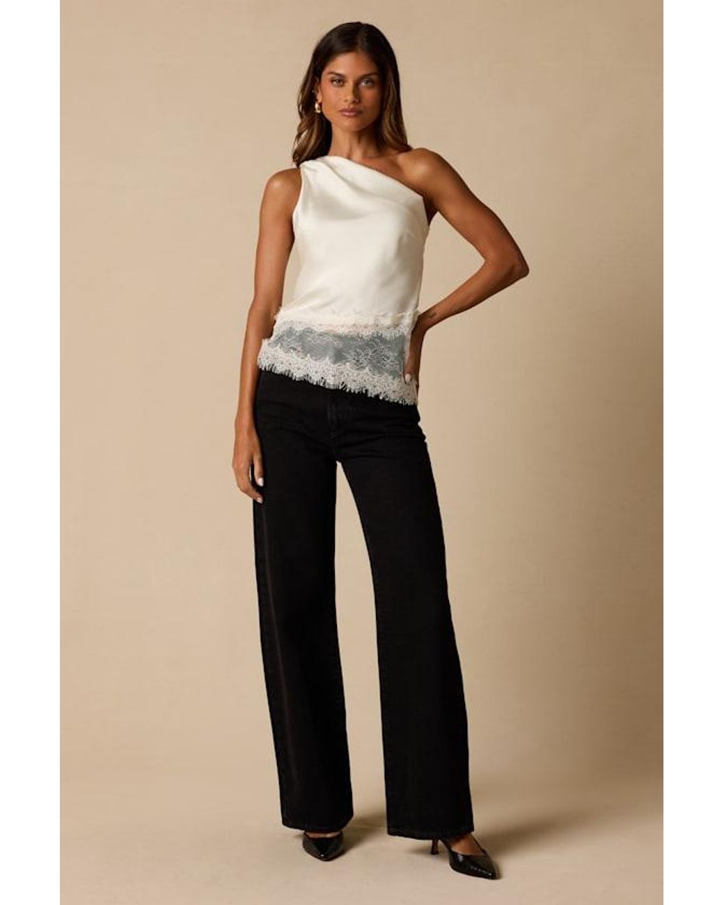 Lulus Brown Aris Satin Lace One-Shoulder Top