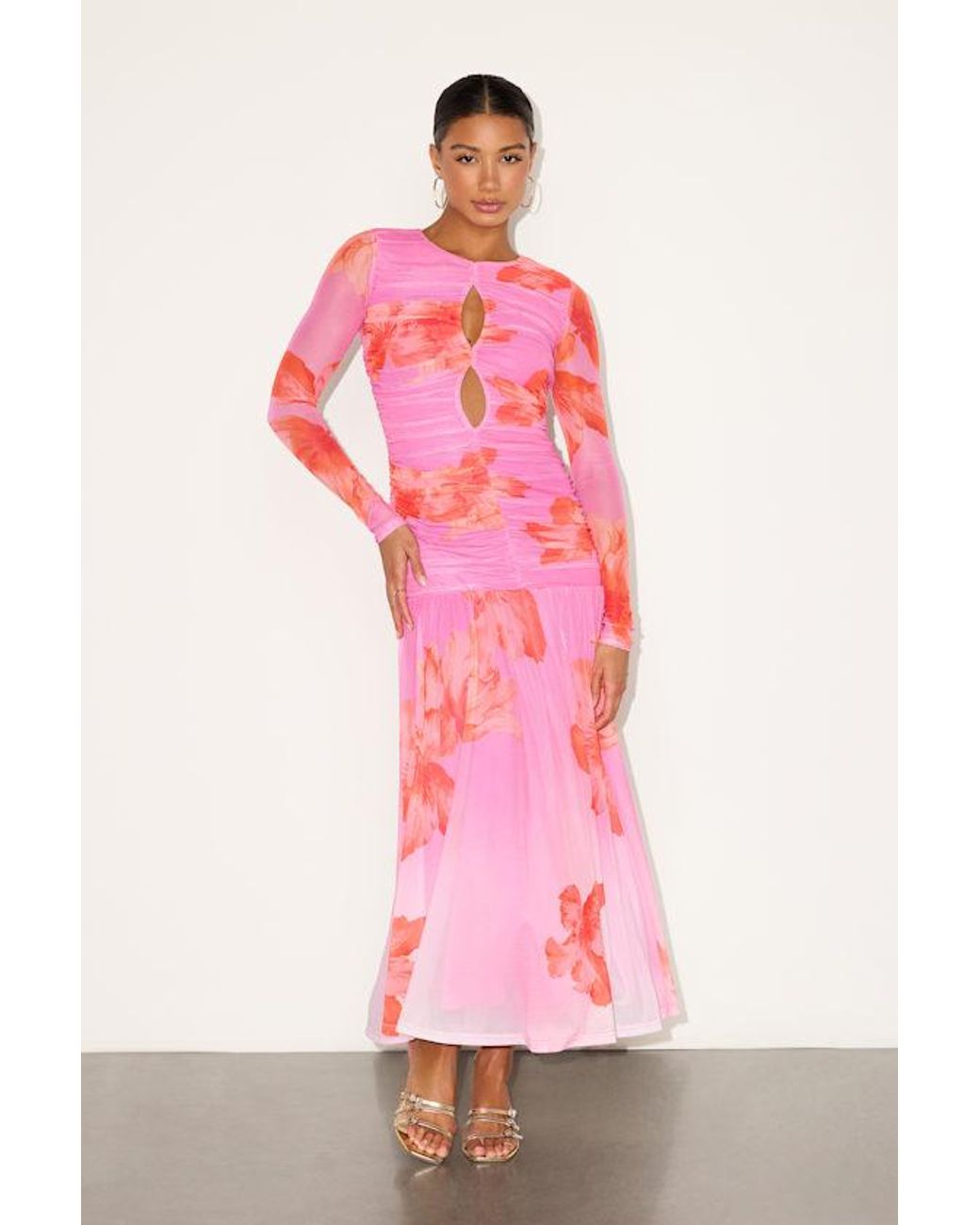 Lulus Pink Alexius Floral Mesh Cutout Long Sleeve Maxi Dress