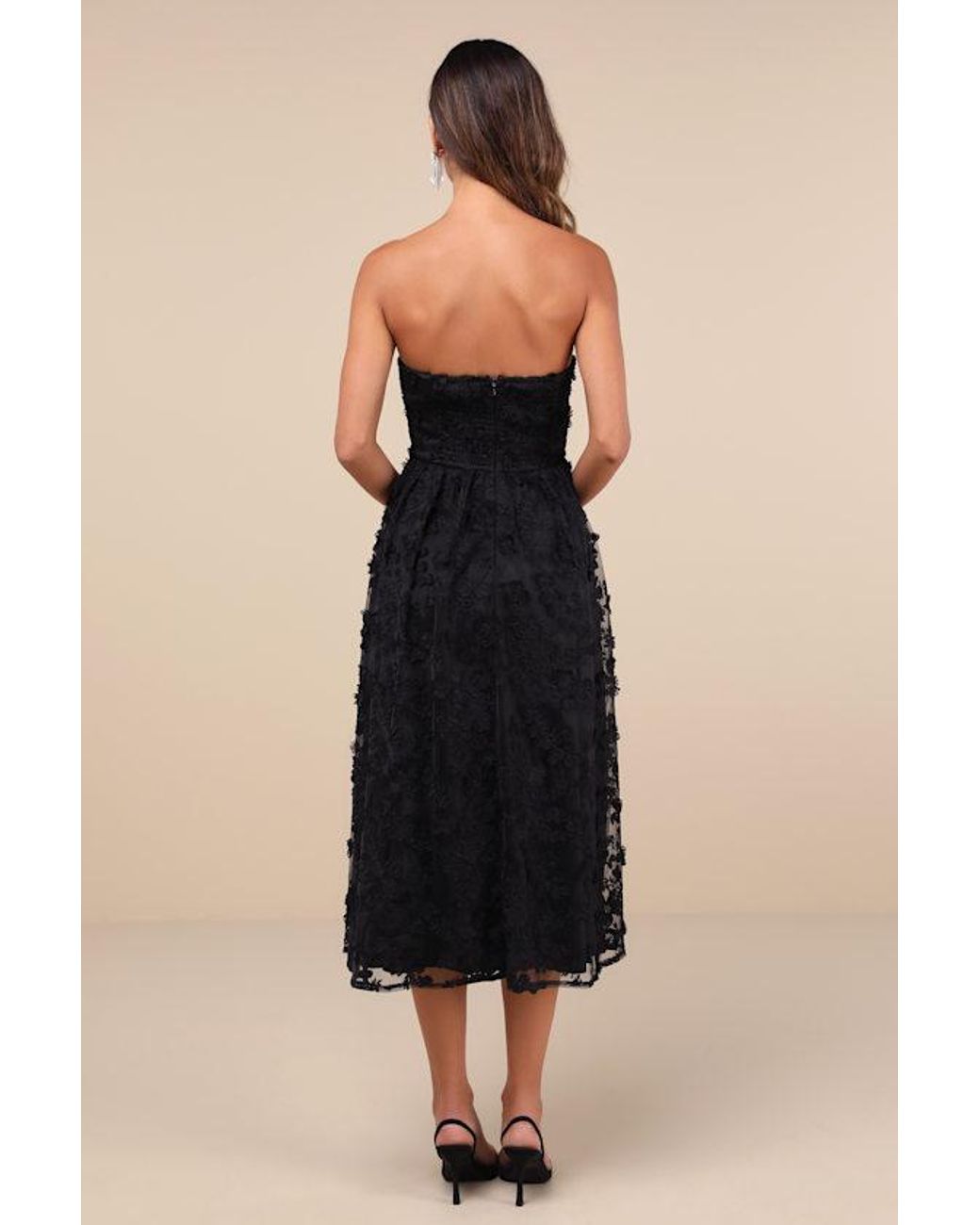 Lulus Black Quite Perfect Floral Embroidered Strapless Midi Dress