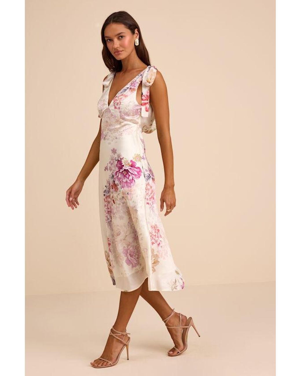 Lulus Natural Zoella Floral Satin Tie-Strap Midi Dress
