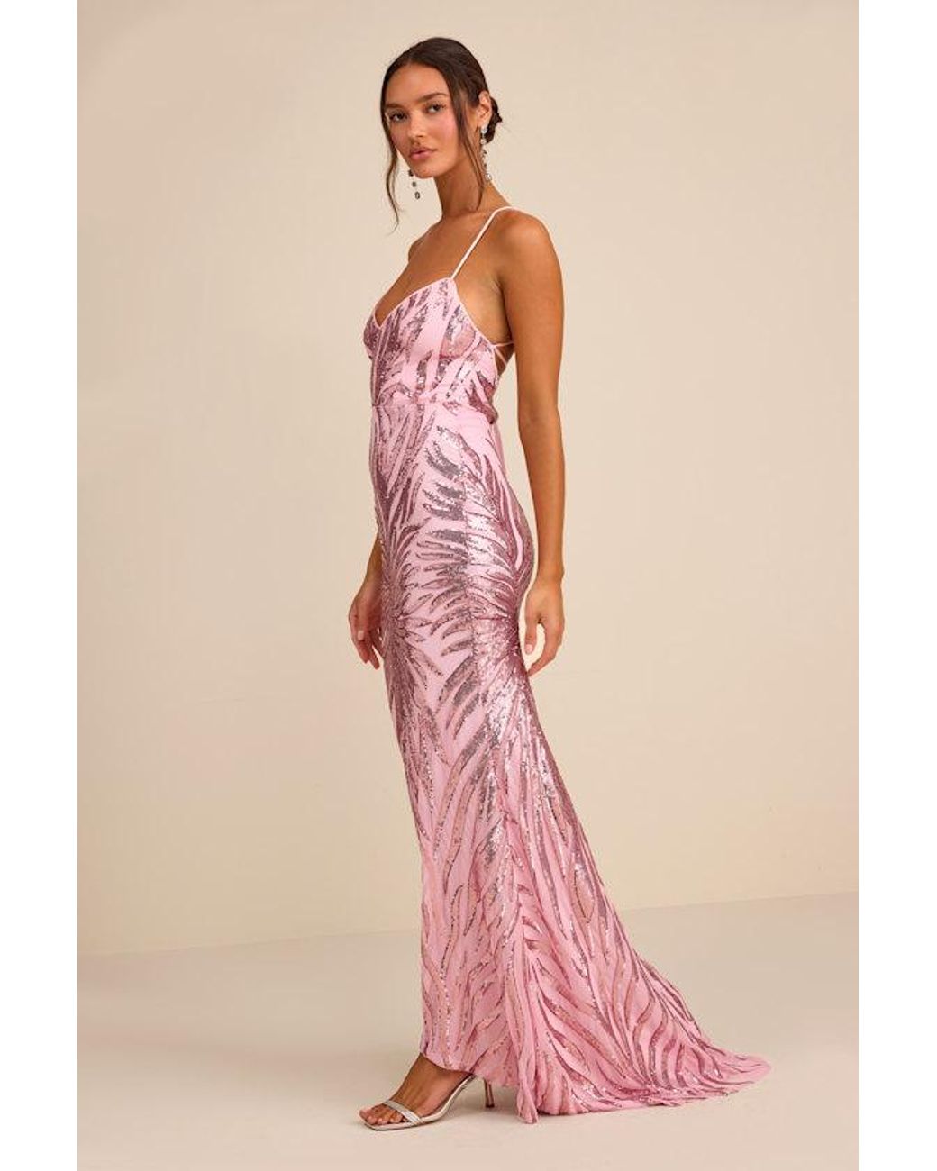 Lulus Pink Sparkle 'Til Dawn Sequin Lace-Up Mermaid Maxi Dress