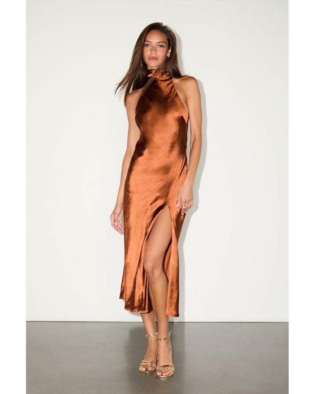 Lulus Brown Exceptional Status Rust Halter Backless Slip Midi Dress