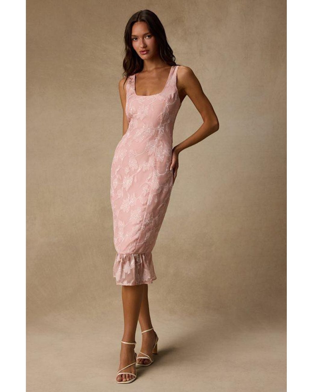 Lulus Pink Elani Floral Burnout Trumpet Midi Dress