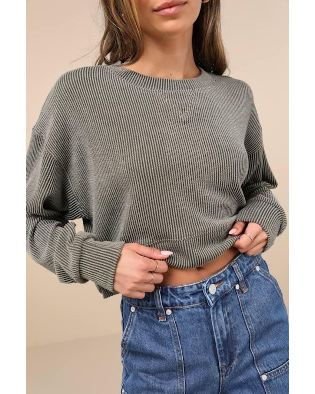 Lulus Gray Relaxed Attitude Textured Ribbed Long Sleeve Crop Top