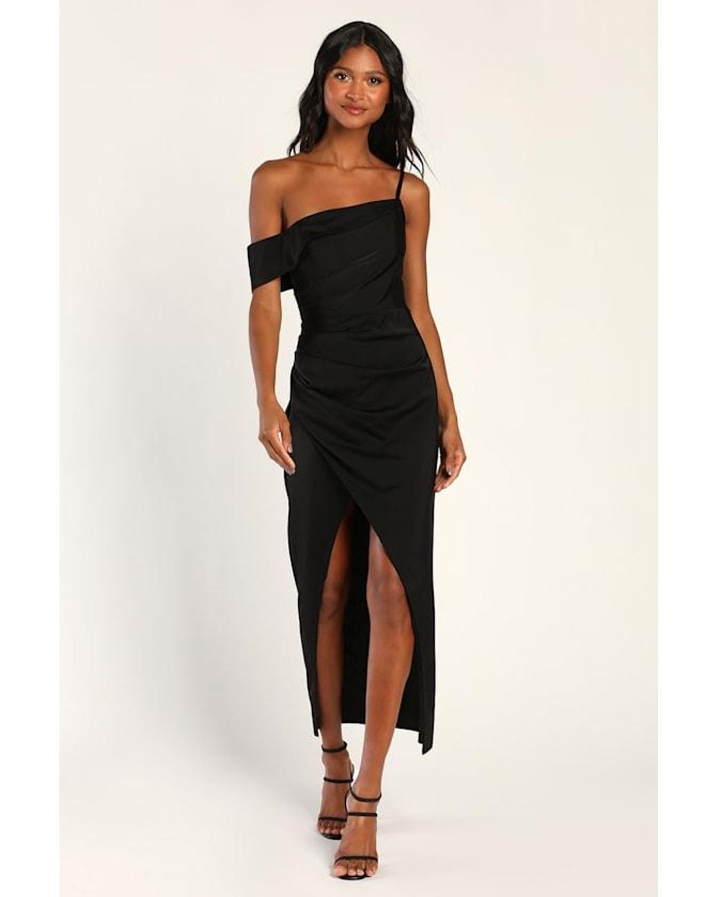 Lulus Black Showing Off A Little Asymmetrical Tulip Midi Dress