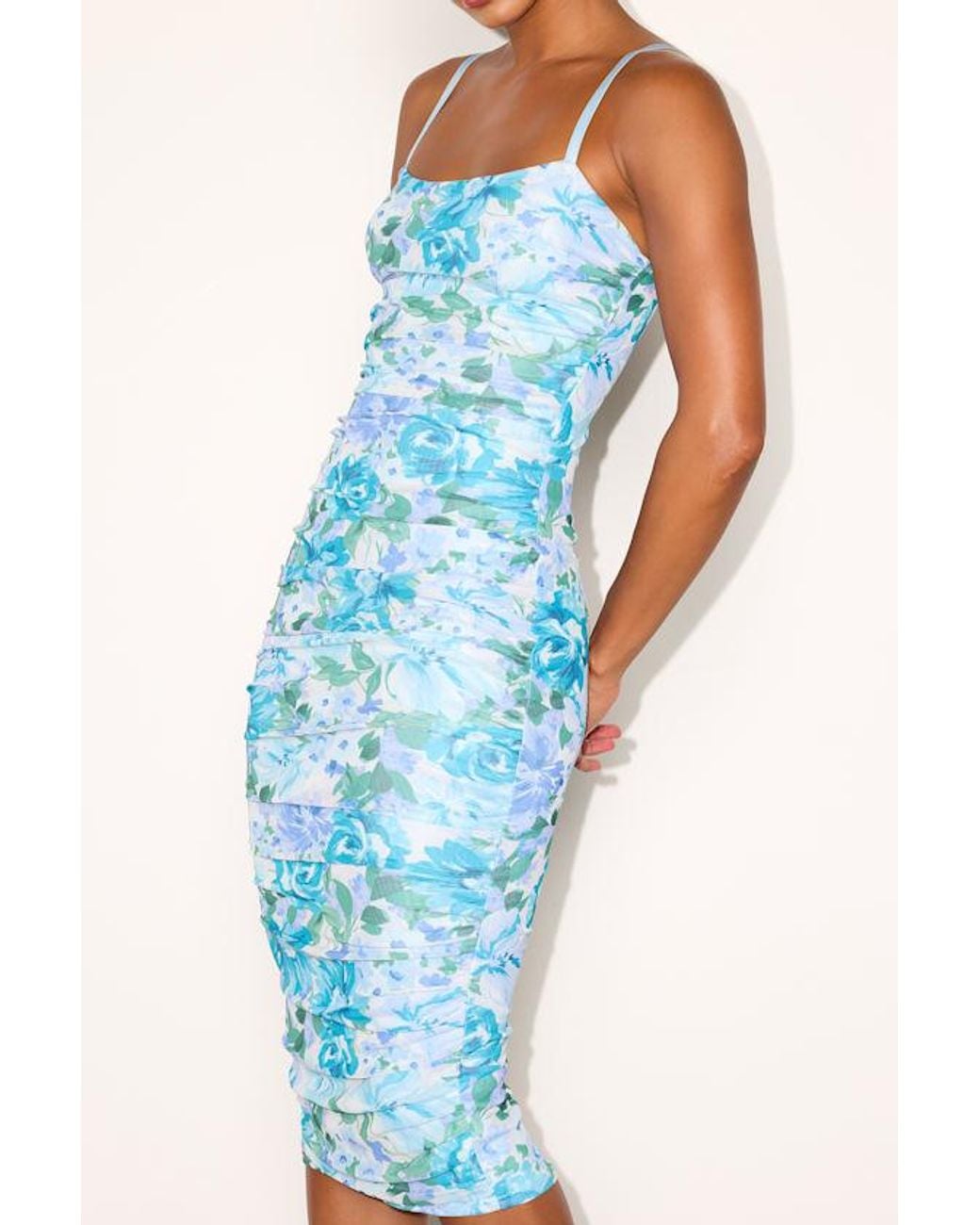 Lulus Blue Date Night Beauty Floral Print Mesh Ruched Midi Dress
