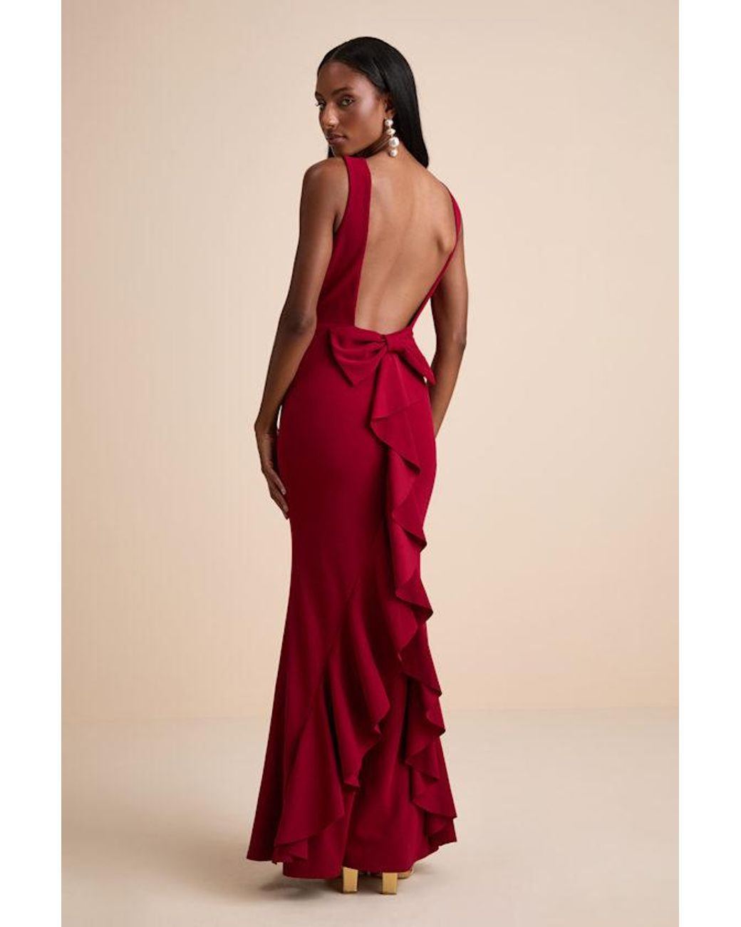 Lulus Red Exquisite Refinement Backless Bow Ruffled Maxi Dress