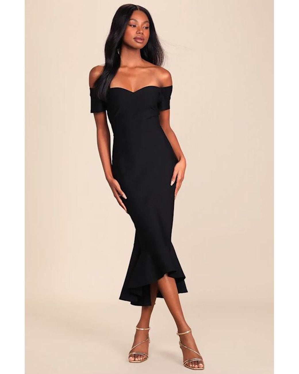 Lulus Black How Much I Care Off-The-Shoulder Midi Dress