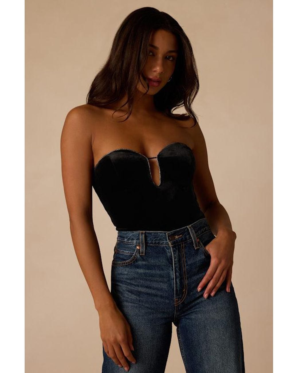 Lulus Blue Cha Cha Velvet Strapless Bodysuit