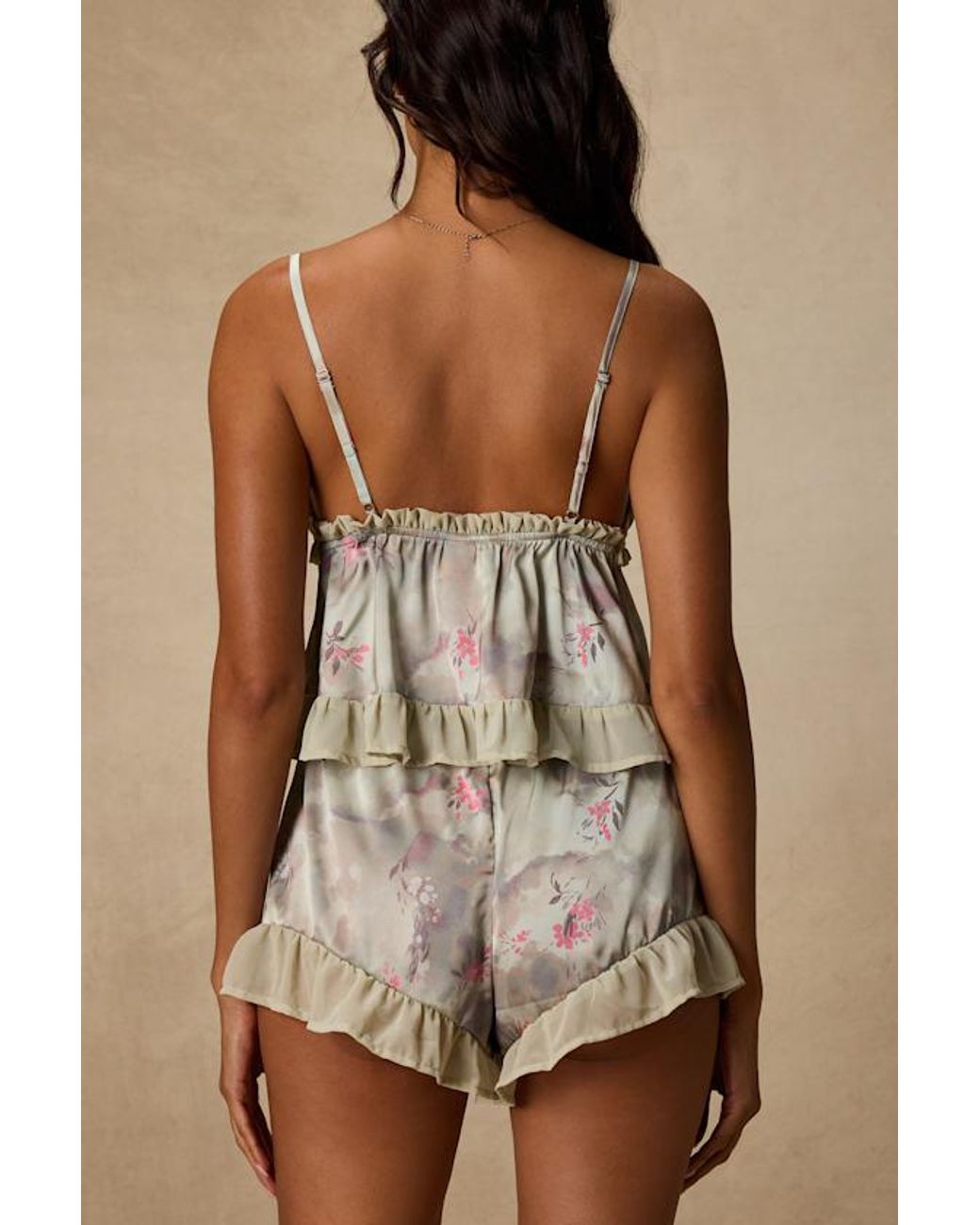 Lulus Brown Gracelyn Sage Floral Satin Shorts Two-Piece Pajama Set