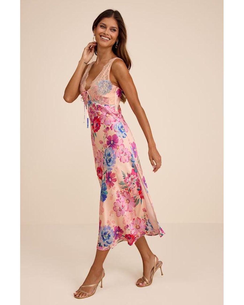 Lulus Pink Jaylene Blush Multi Floral Lace Tie-Front Midi Dress